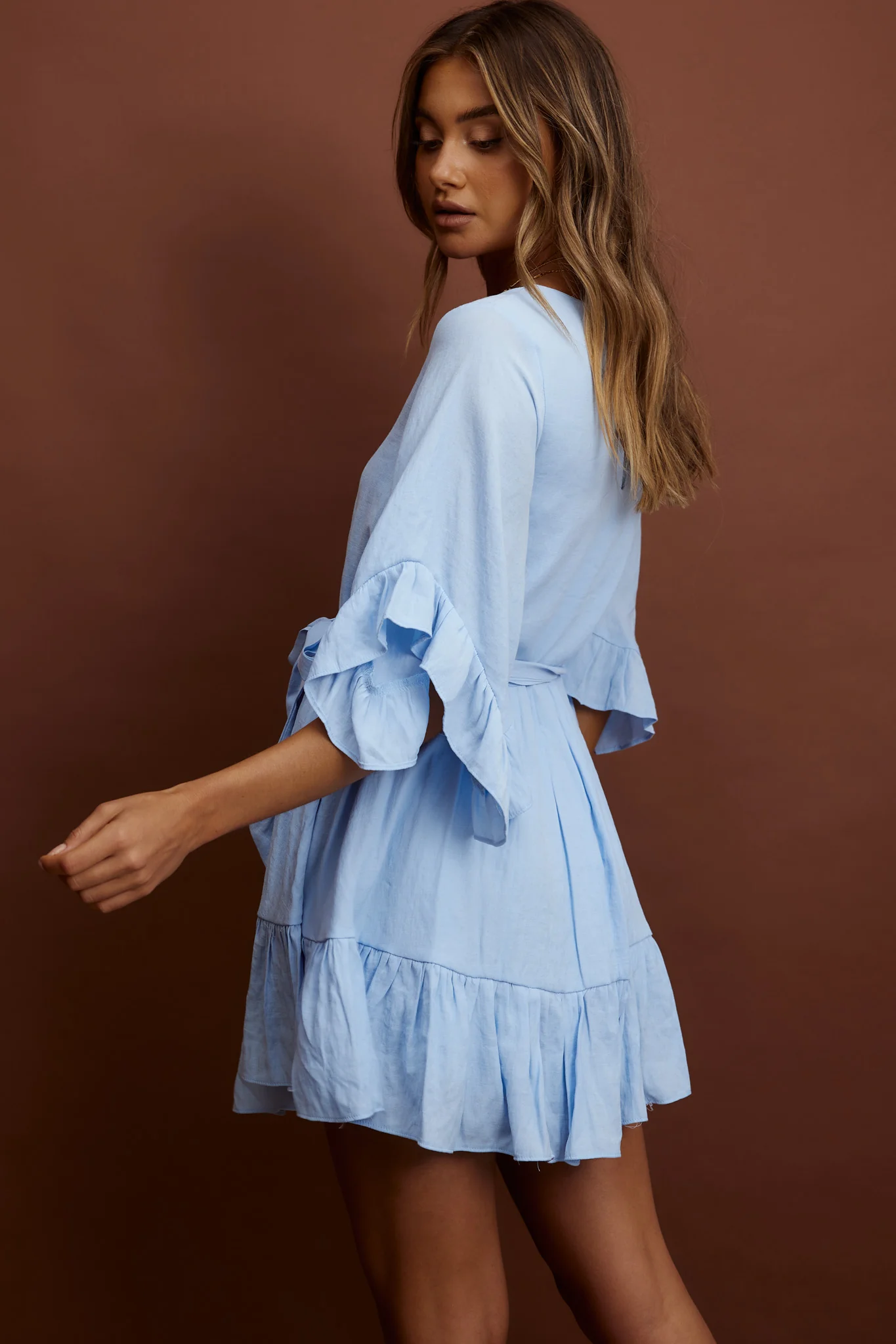 Joni Batwing Sleeve Waist Tie Dress Ruffle Blue - Image 2