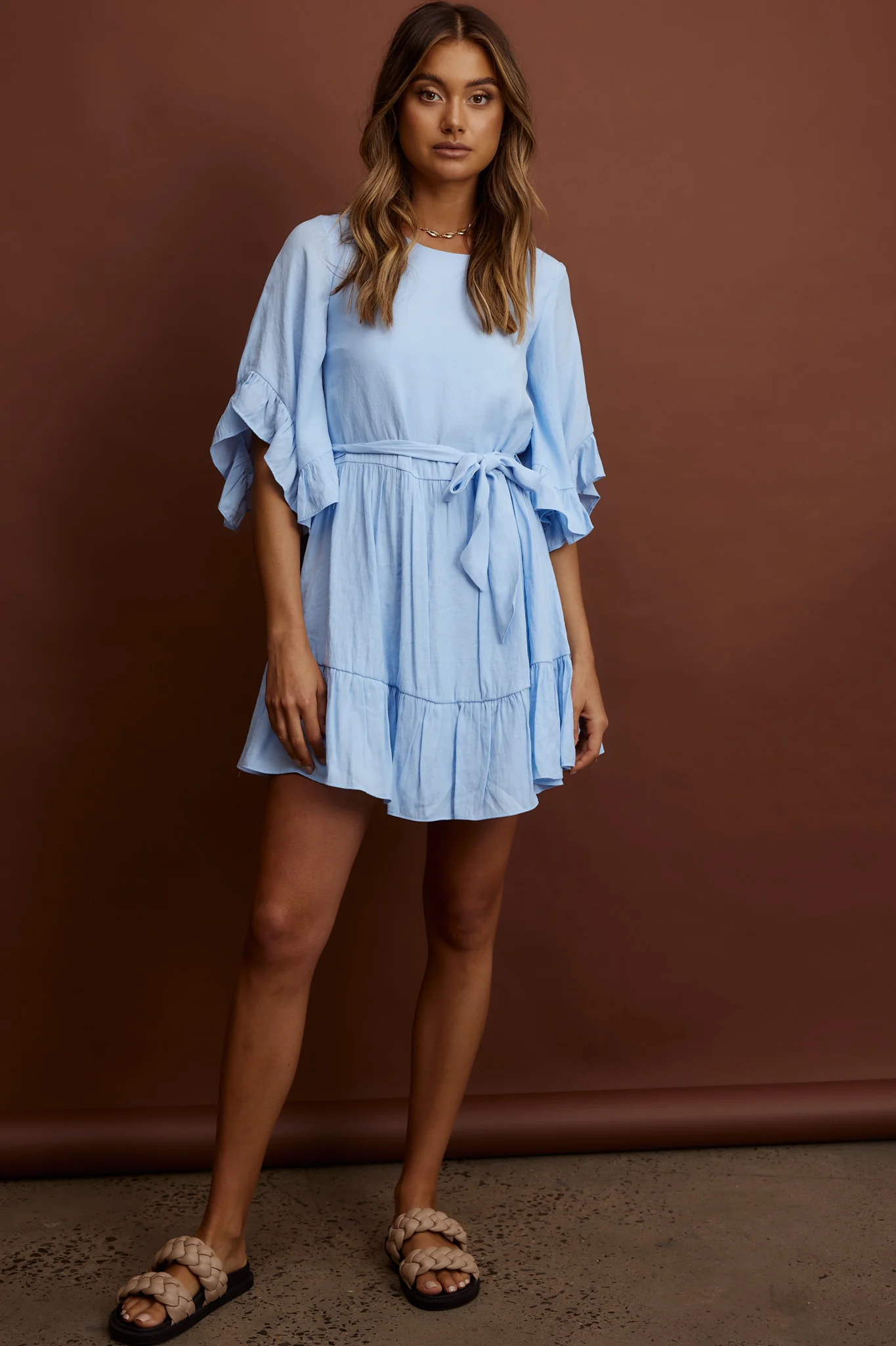 Joni Batwing Sleeve Waist Tie Dress Ruffle Blue - Image 5
