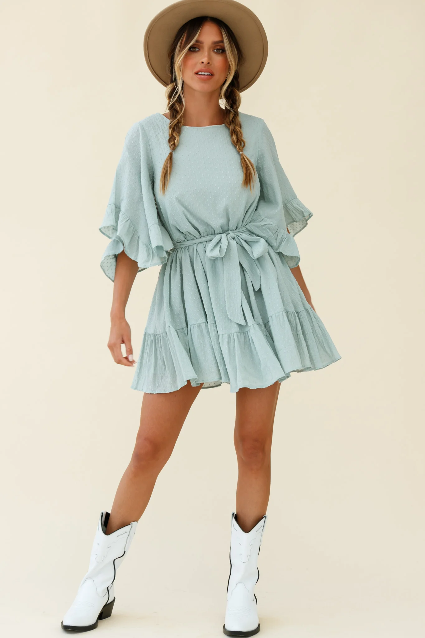 Joni Batwing Sleeve Waist Tie Dress Sage - Image 2