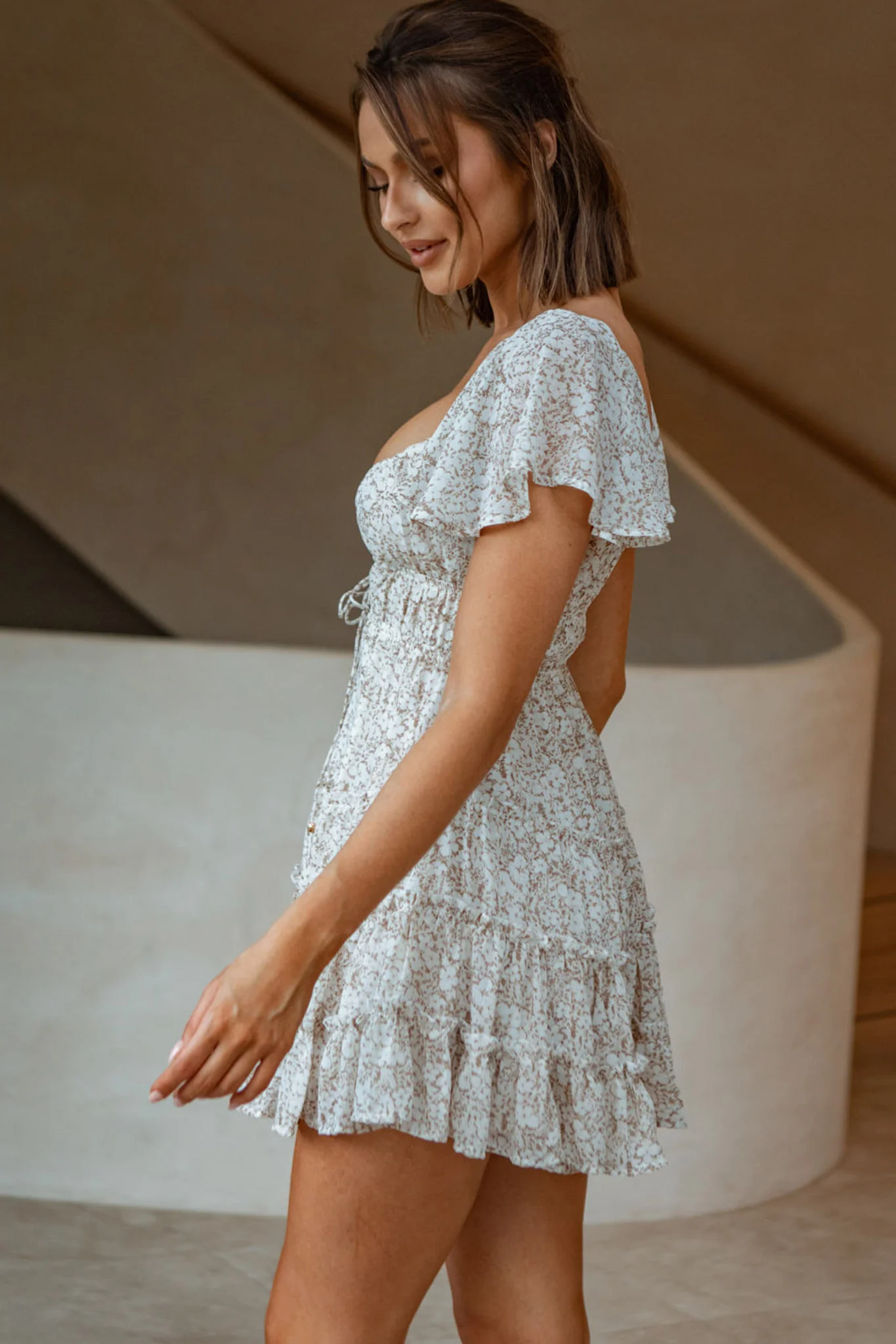 Josephina Lace-Up Front Flutter Sleeve Dress Floral Print Beige - Image 7