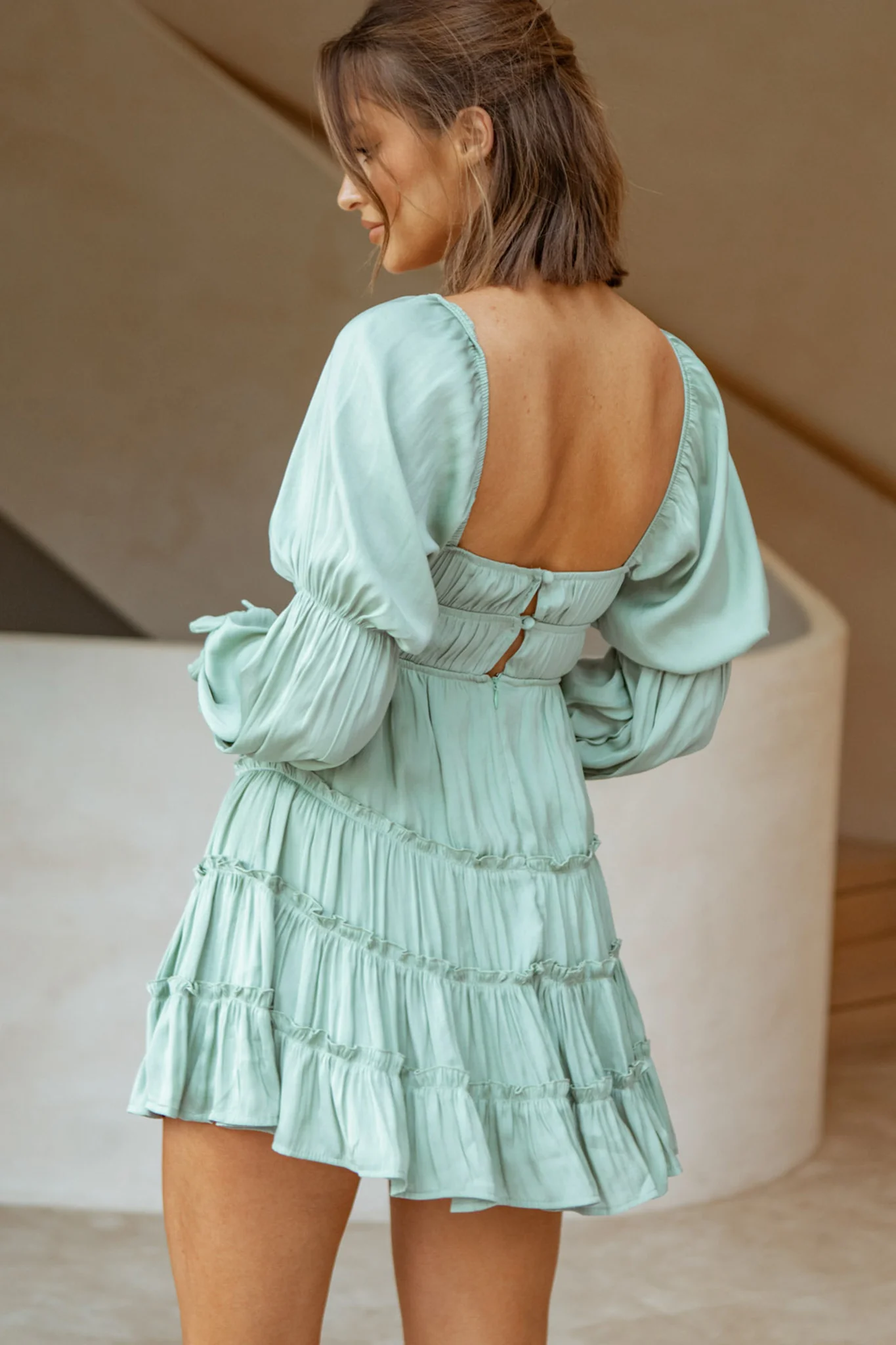 Josephina Lace-Up Front Long Sleeve Mini Dress Avocado - Image 2