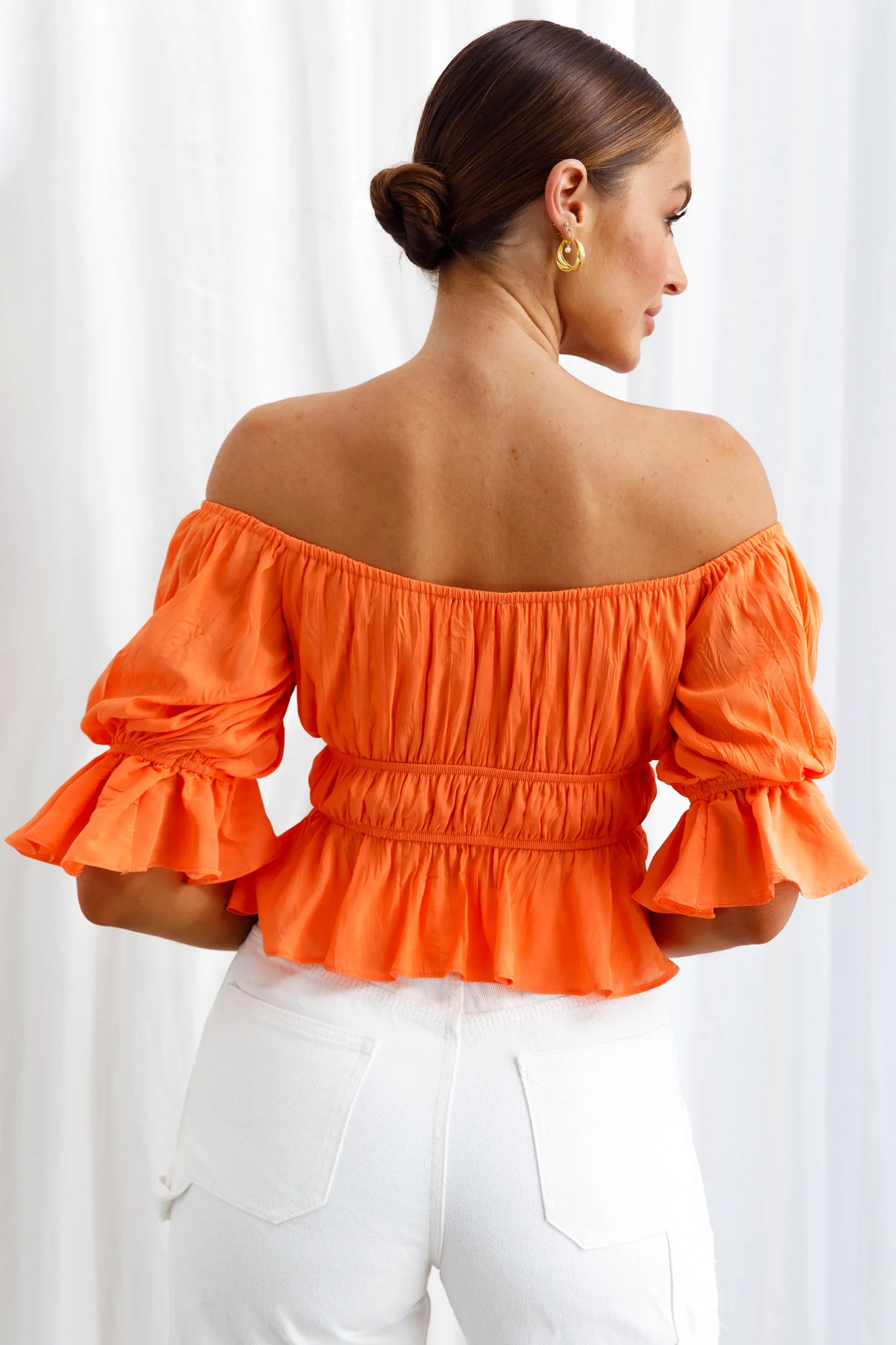 Josephina Off-Shoulder Lace-Up Front Crop Top Neon Orange - Image 6