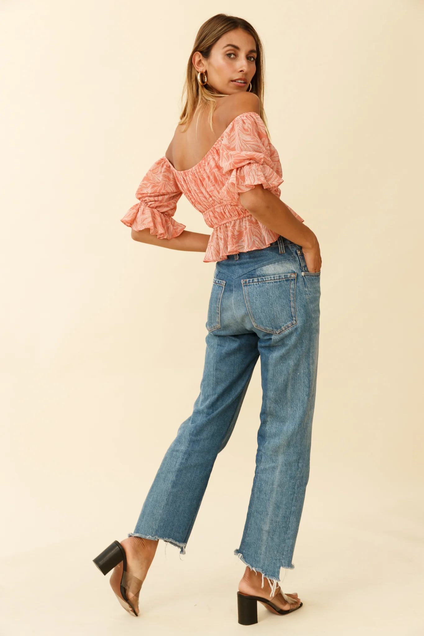 Josephina Off-Shoulder Lace-Up Front Crop Top Palm Print Pink - Image 2