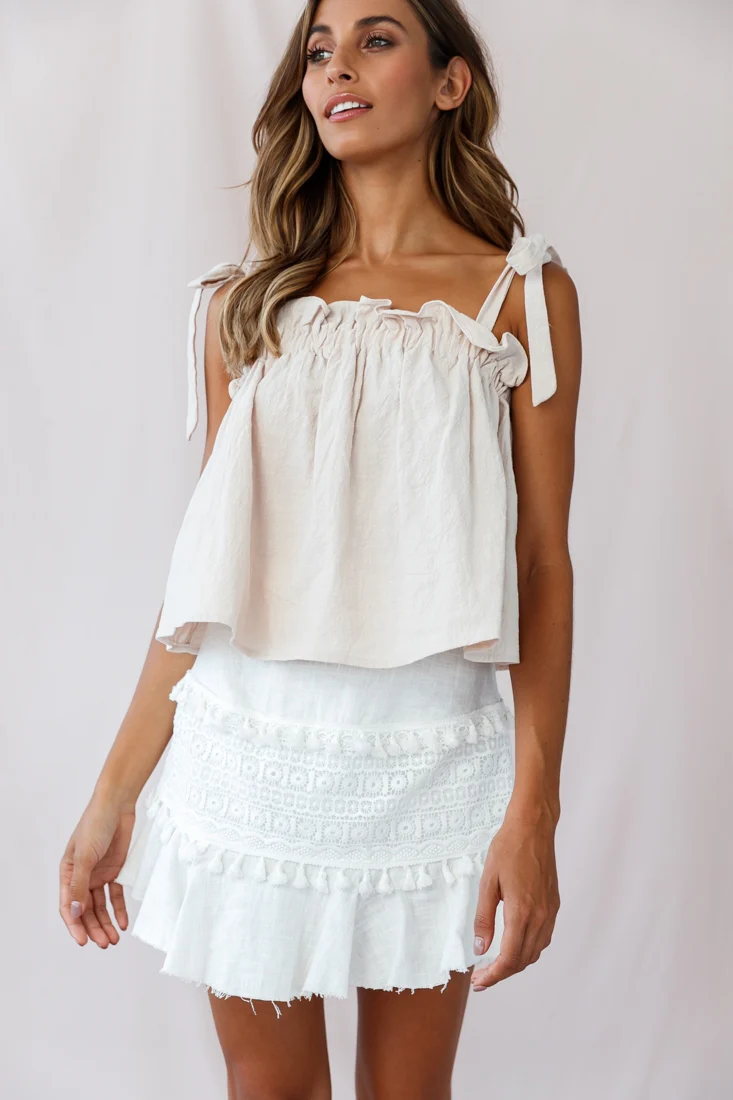 Journey Tied Shoulder Elasticated Neckline Top Beige - Image 5