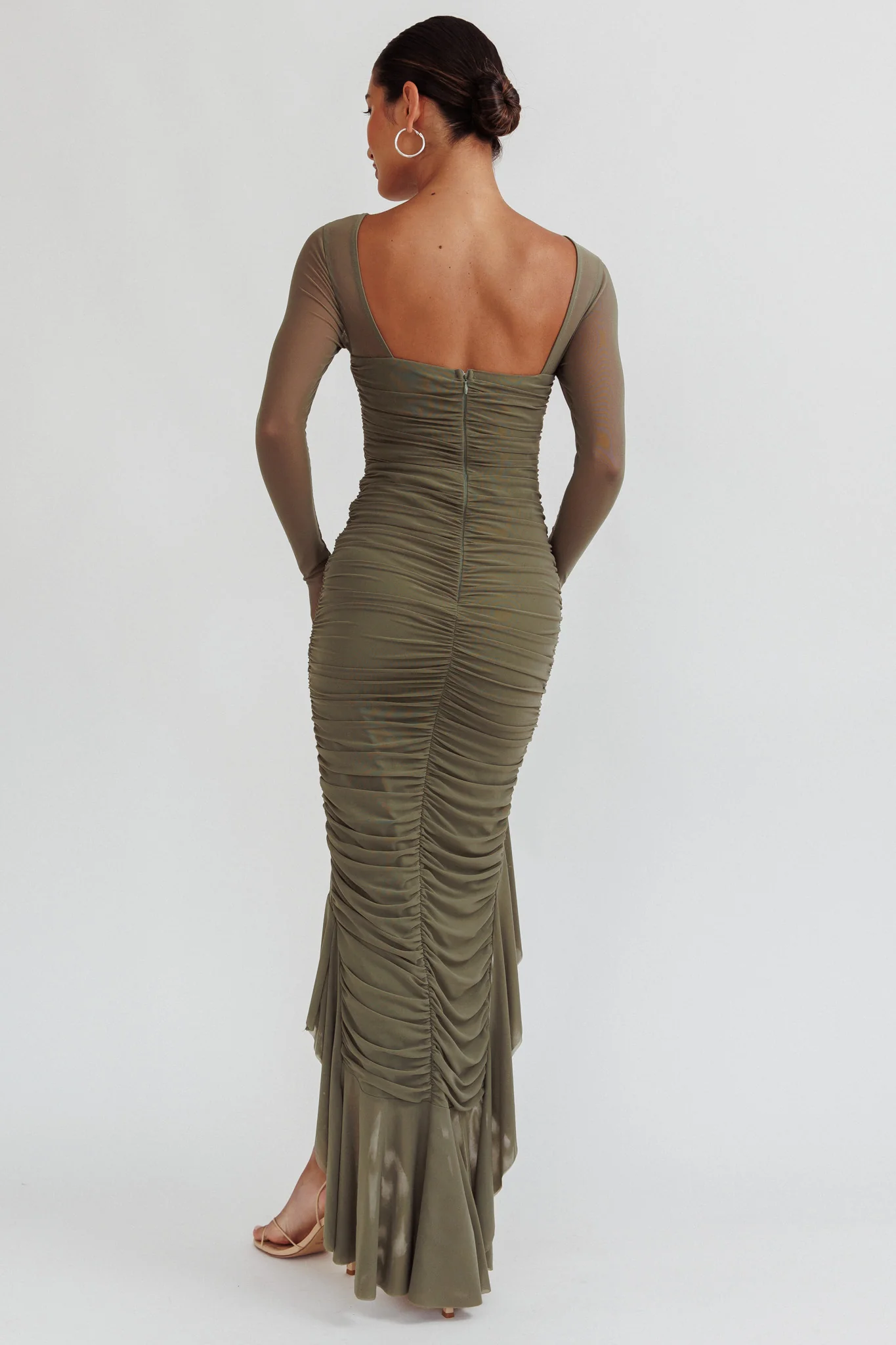 Jozelle Long Sleeve Ruched Maxi Dress Olive - Image 2