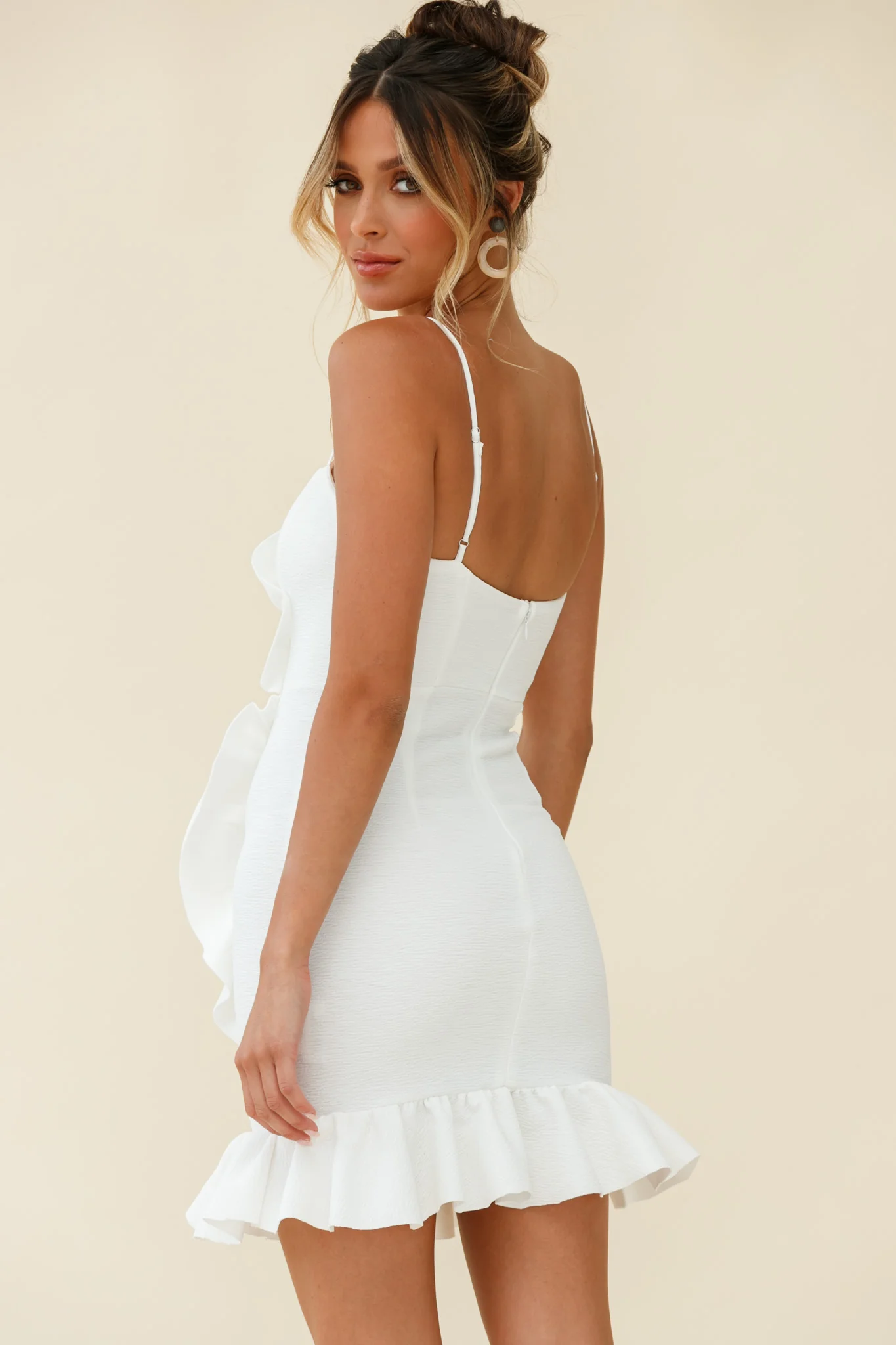 Juanita Half Moon Ruffle Detail Bodycon Dress White - Image 3