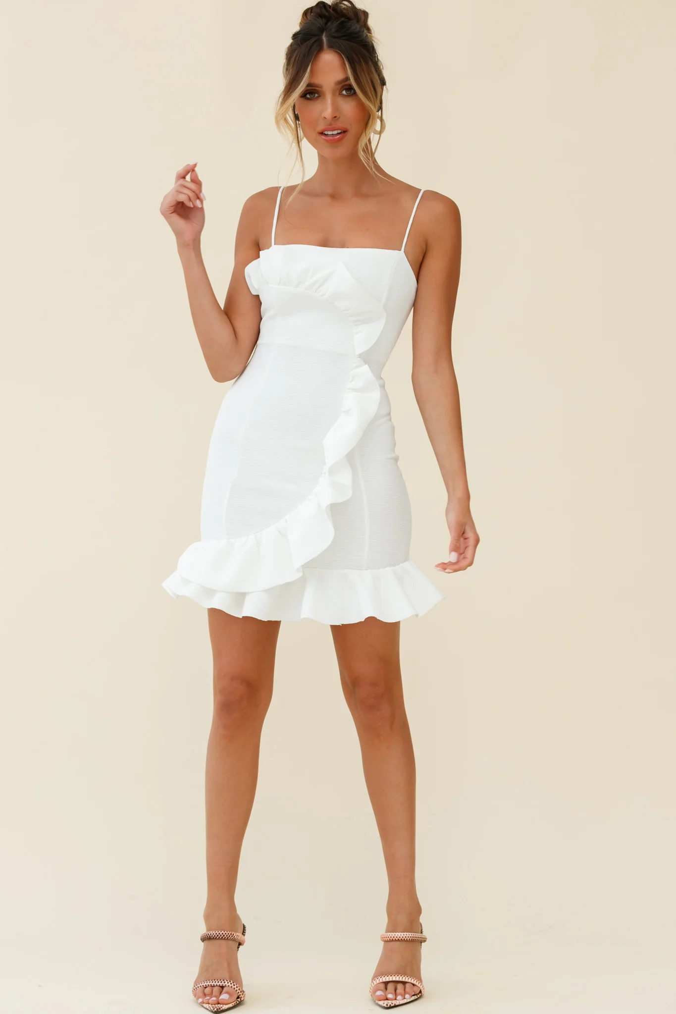 Juanita Half Moon Ruffle Detail Bodycon Dress White - Image 7