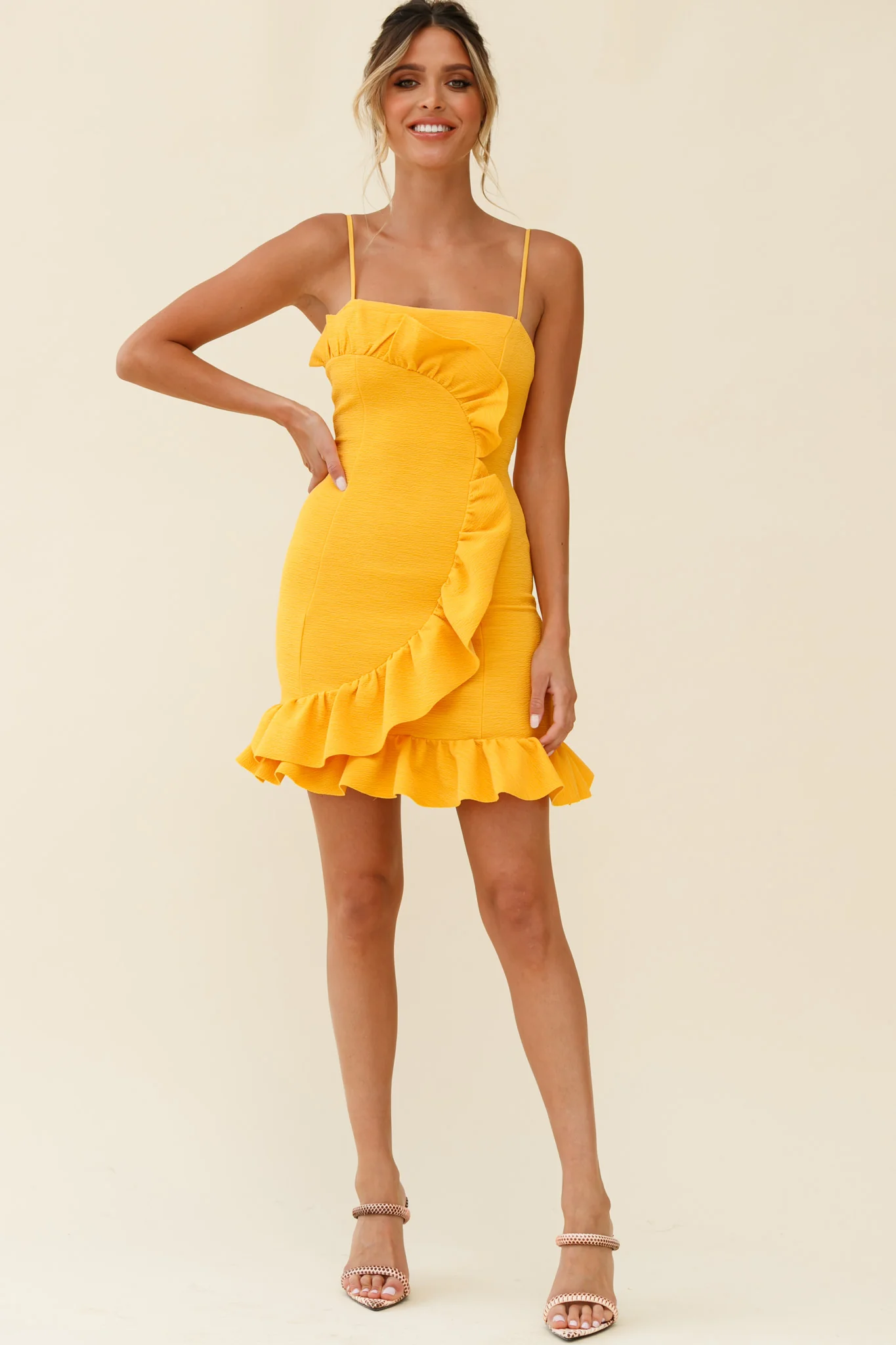 Juanita Half Moon Ruffle Detail Bodycon Dress Yellow - Image 6