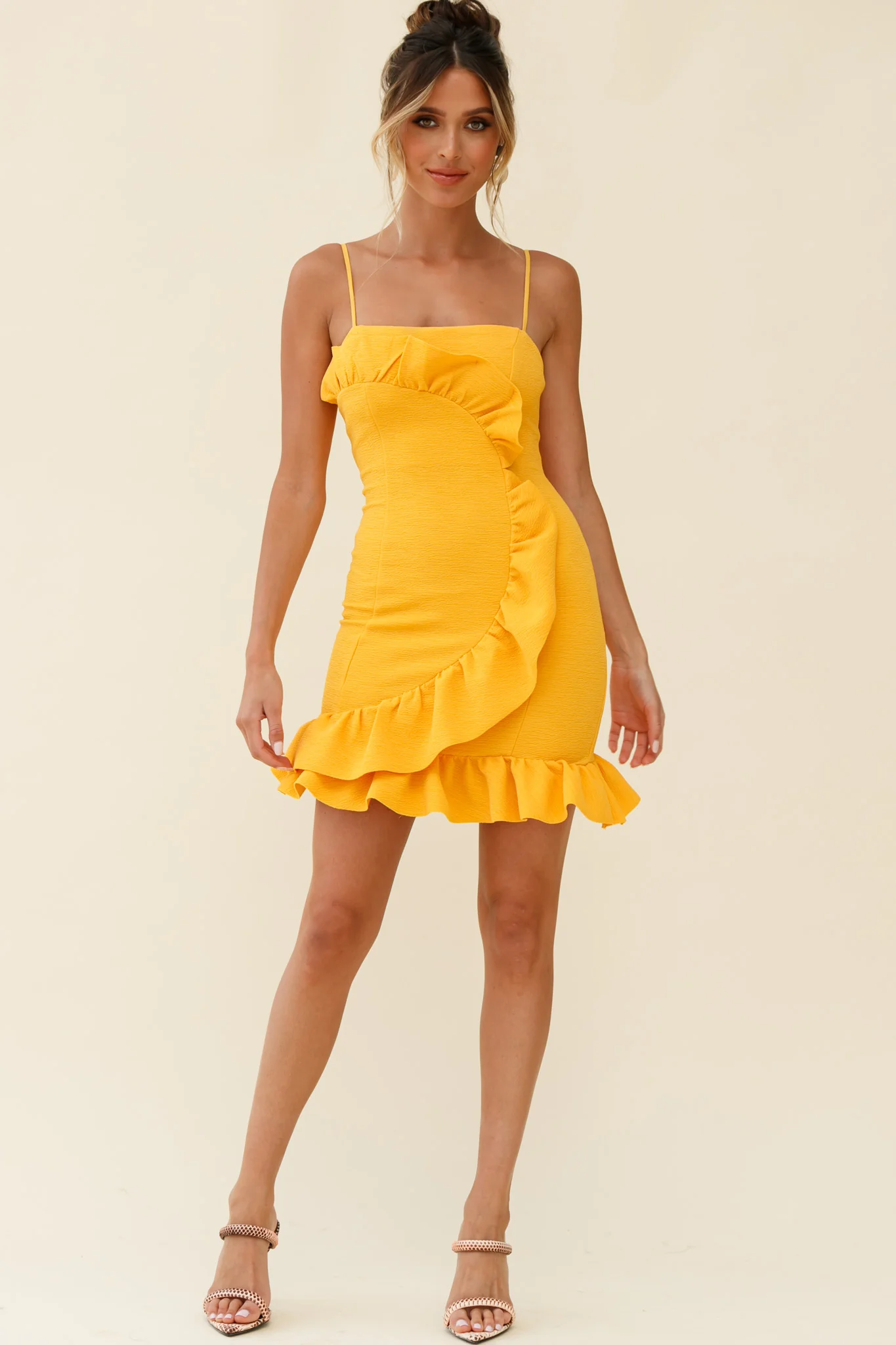 Juanita Half Moon Ruffle Detail Bodycon Dress Yellow - Image 7