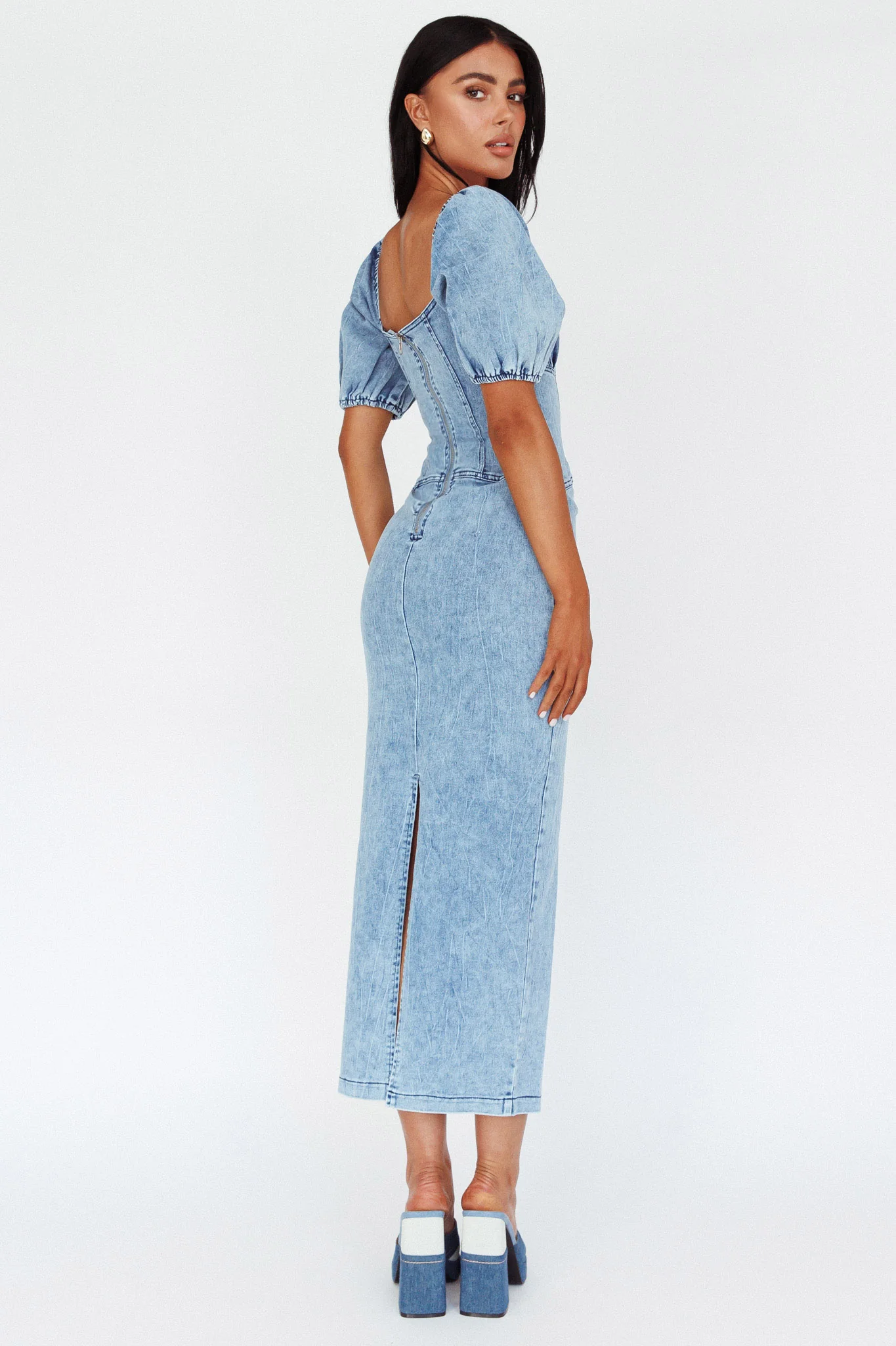 Juneau Puff Sleeve Midi Dress Denim Blue - Image 2