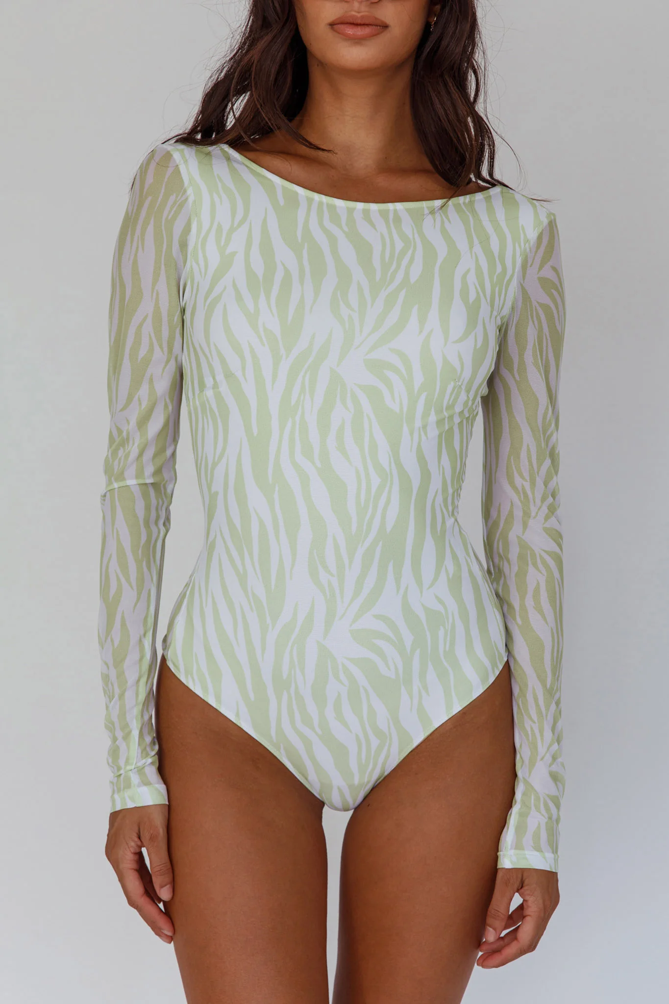 Juni Long Sleeve Low Back Mesh Bodysuit Tiger Lime - Image 4