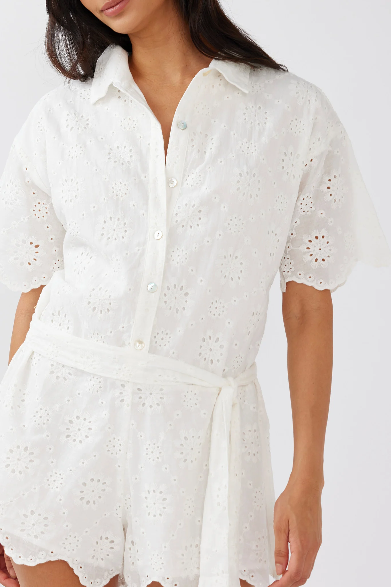 Junie Eyelet Embroidery Waist Tie Romper White - Image 4