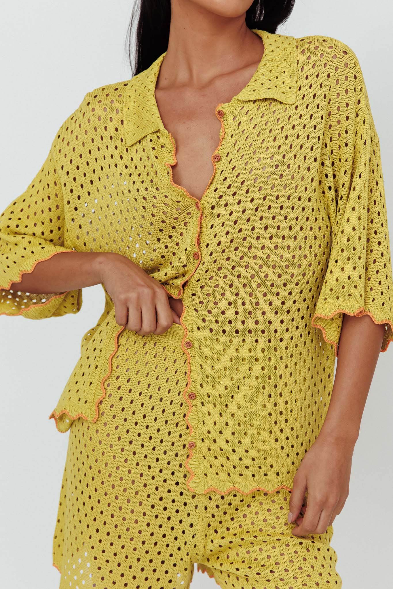 Just A Hunch Button Crochet Shirt Avocado/Pumpkin - Image 5