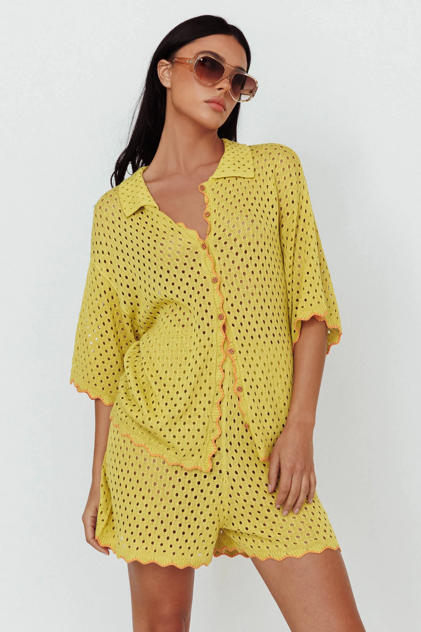 Just A Hunch Button Crochet Shirt Avocado/Pumpkin - Image 6