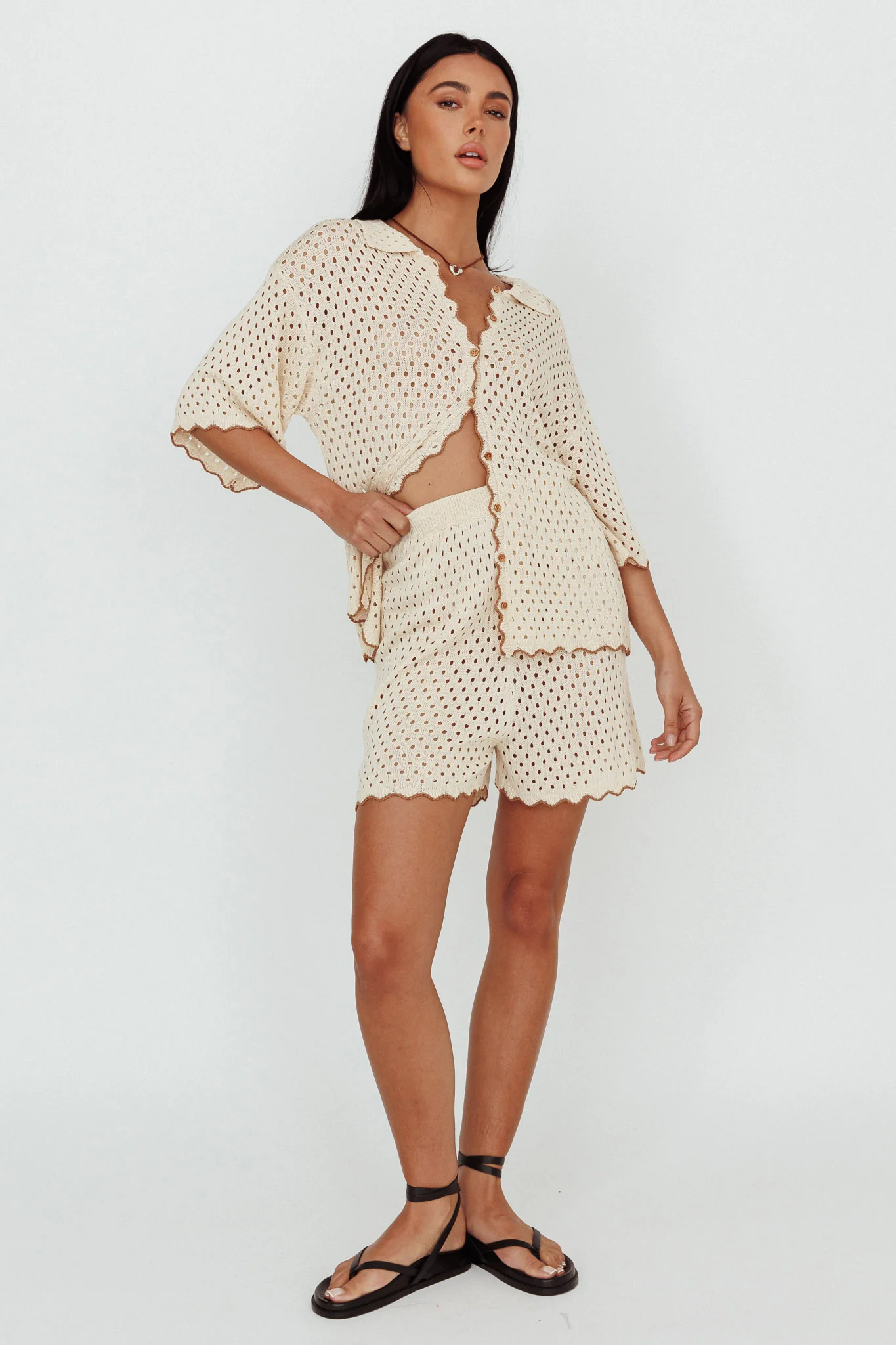 Just A Hunch Button Crochet Shirt Nutmeg/Shell - Image 3