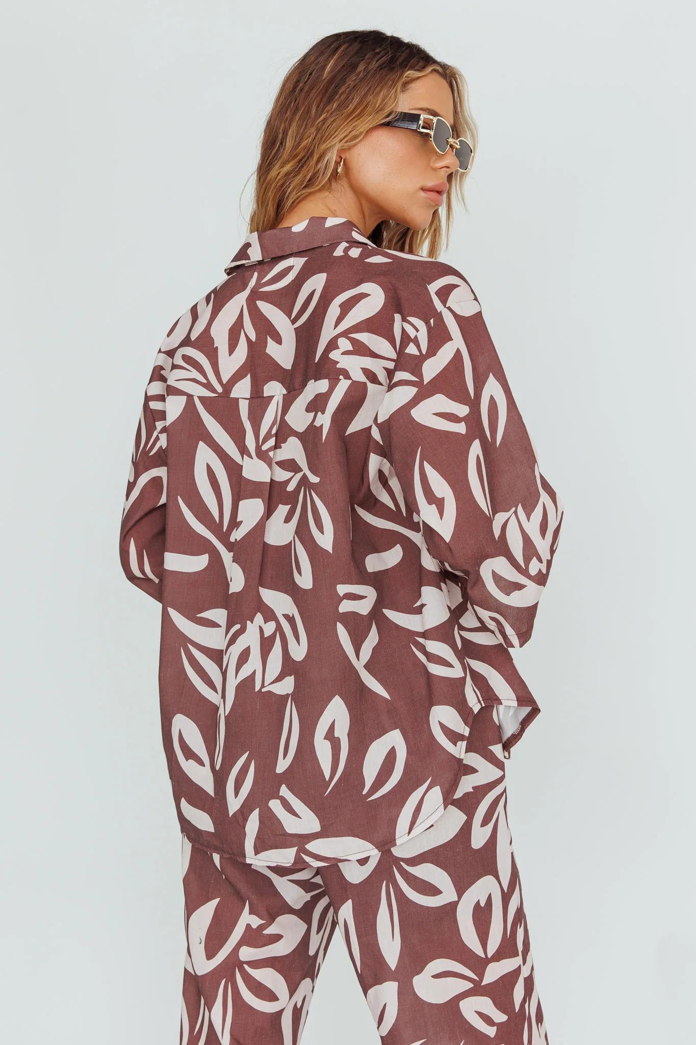 Just A Hunch Button Shirt Leaf Print Chocolate - Image 2