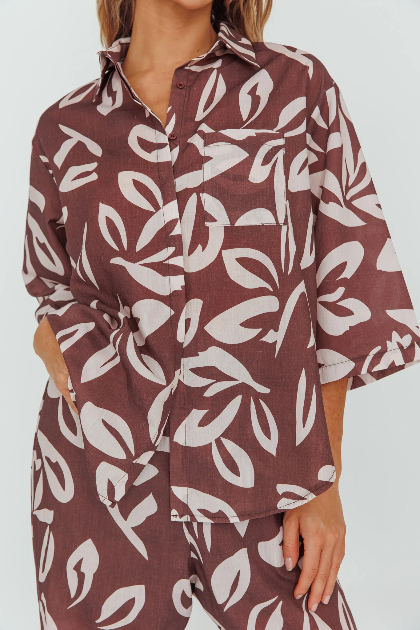 Just A Hunch Button Shirt Leaf Print Chocolate - Image 4