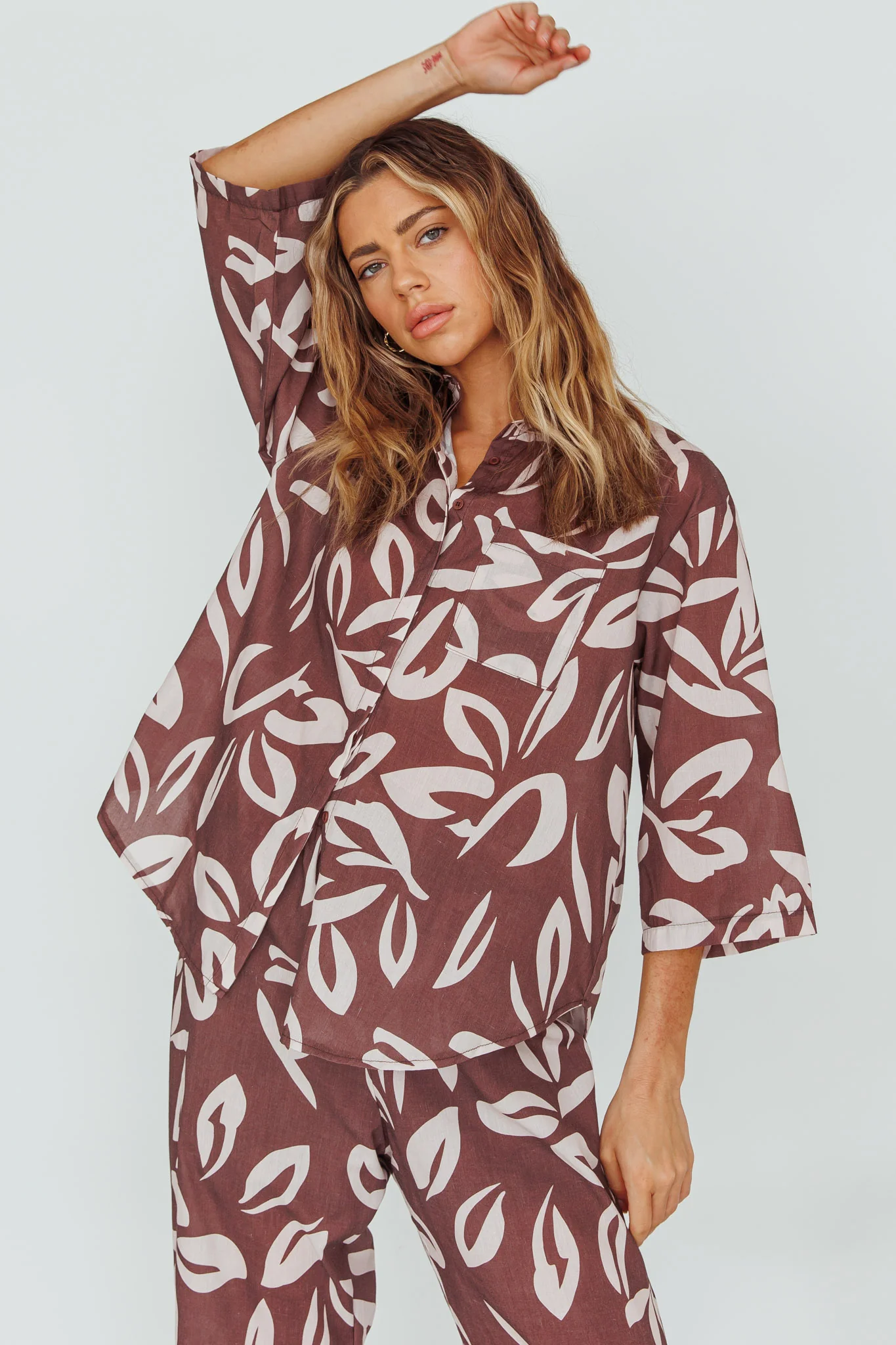 Just A Hunch Button Shirt Leaf Print Chocolate - Image 5