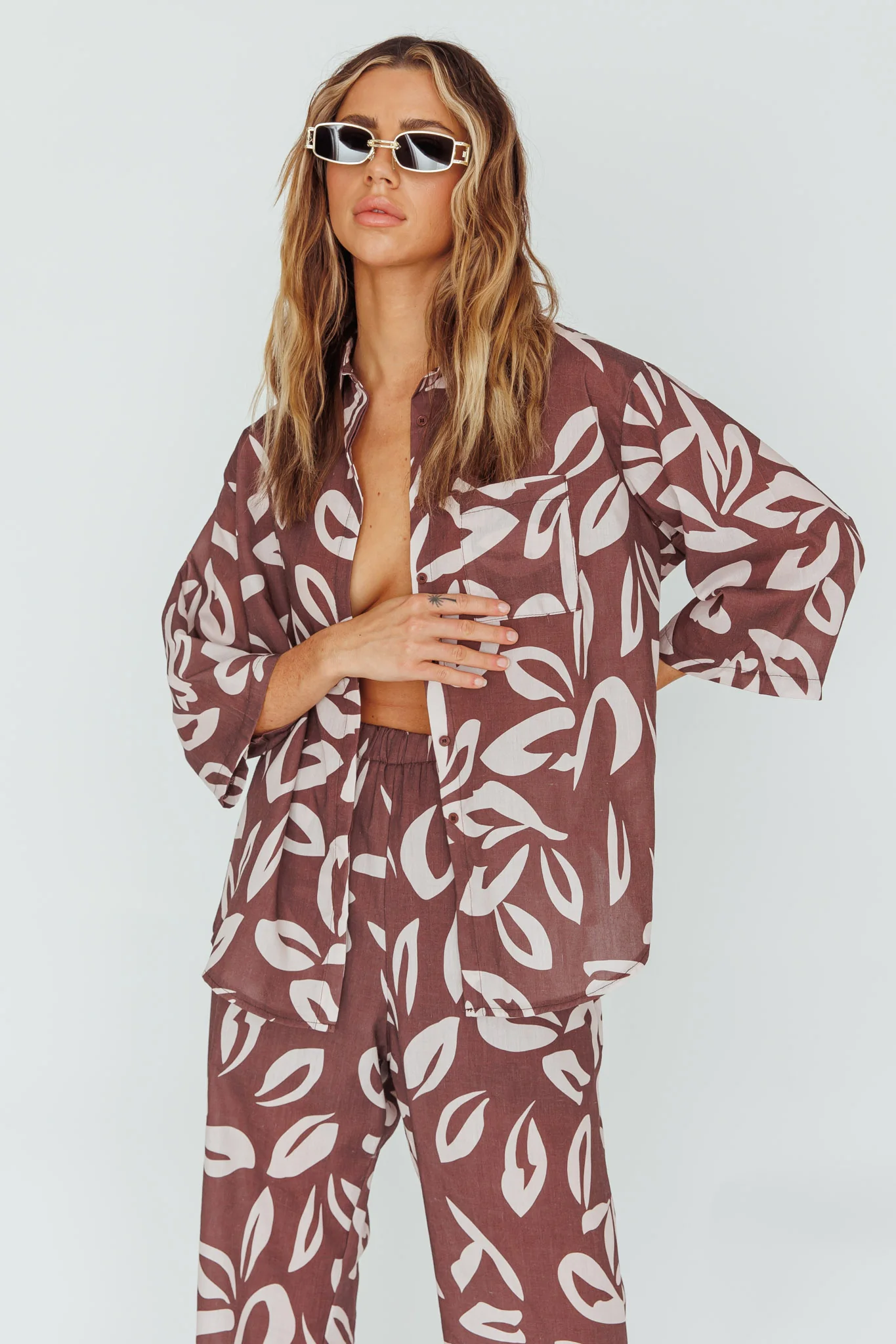 Just A Hunch Button Shirt Leaf Print Chocolate - Image 6