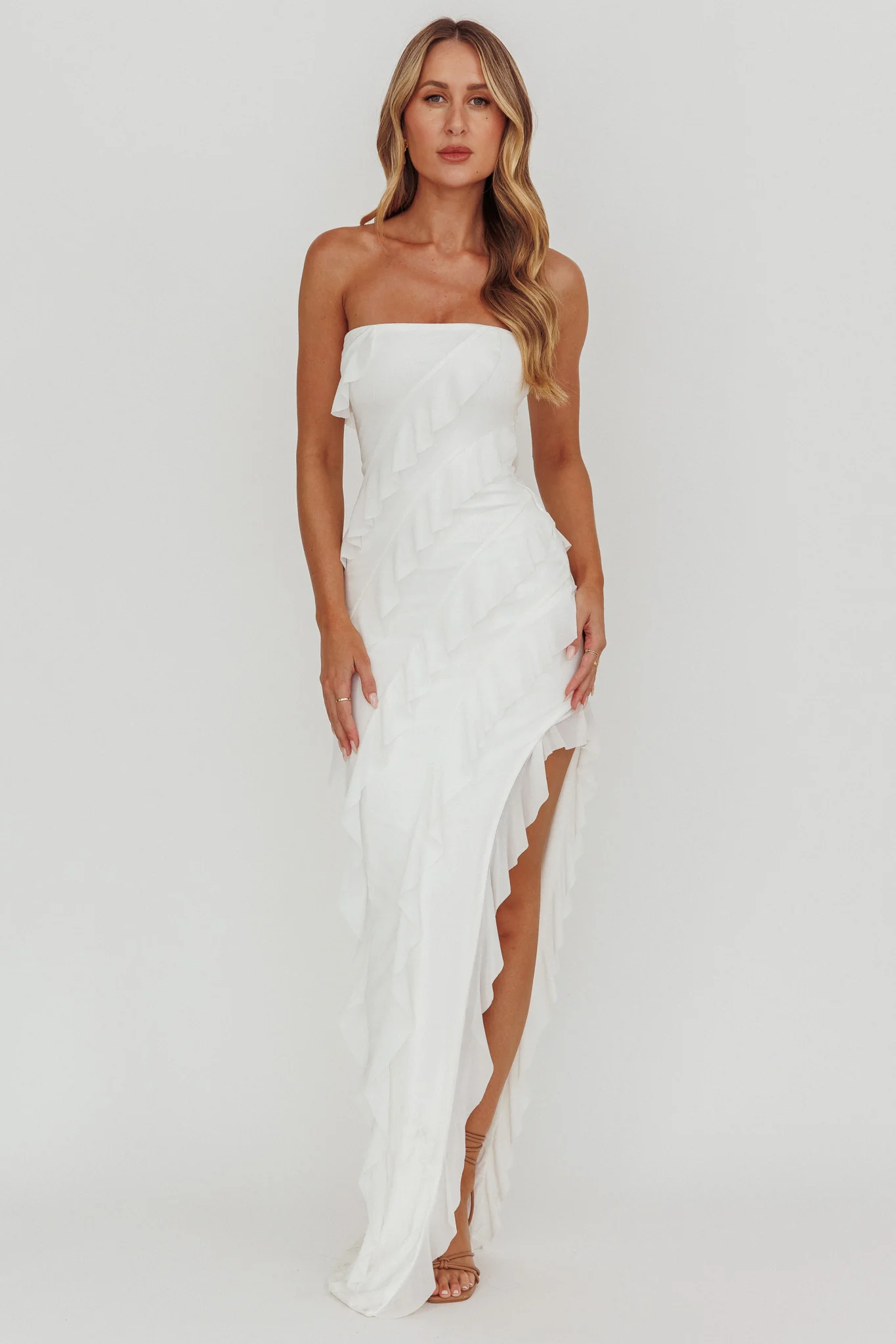 Just Friends Strapless Ruffle Maxi Dress Off White - Image 5