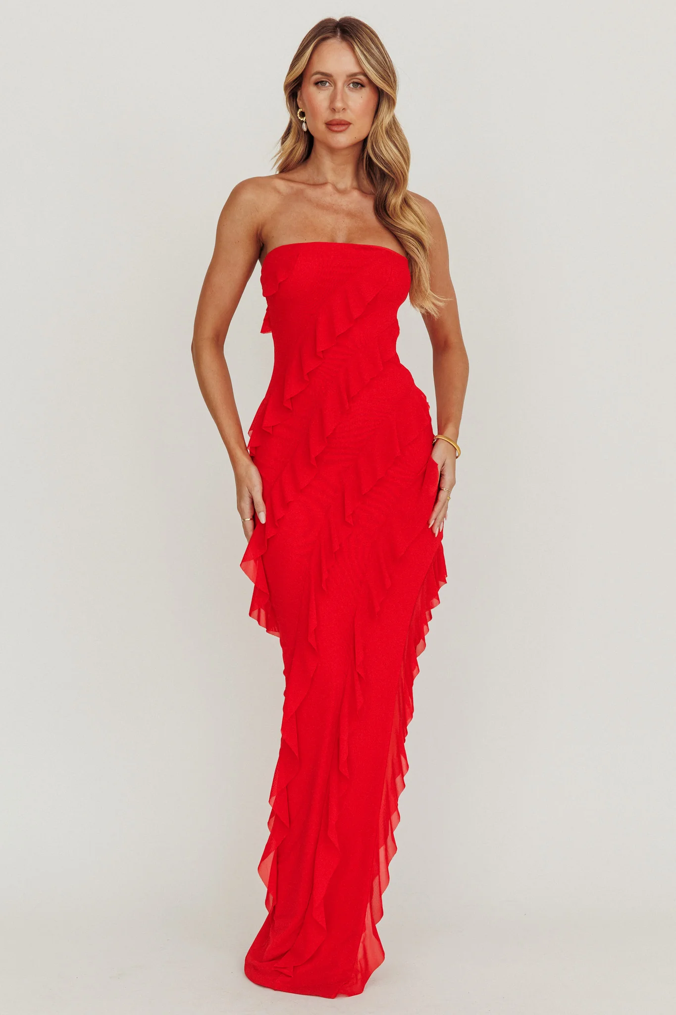 Just Friends Strapless Ruffle Maxi Dress Red - Image 3