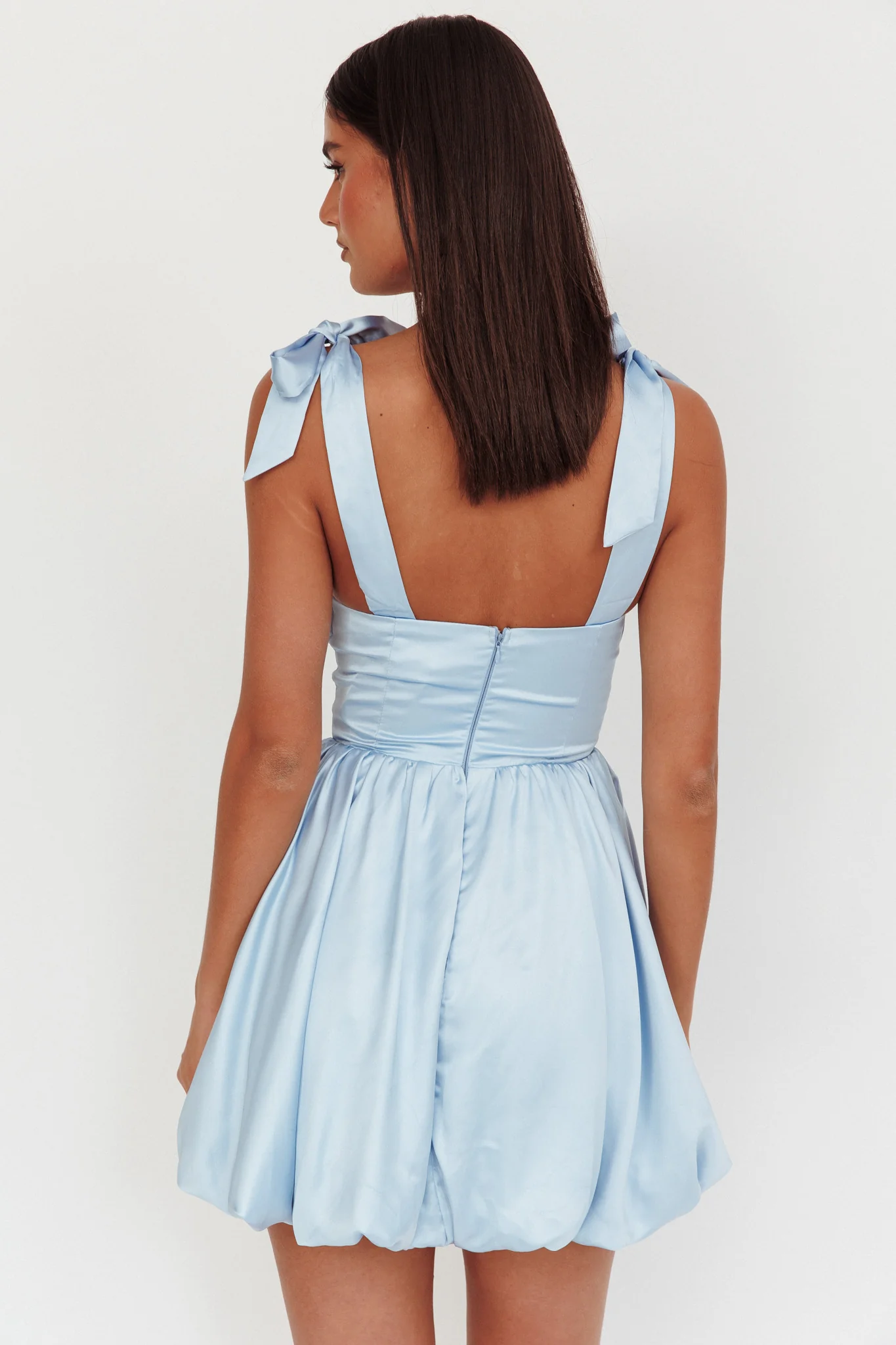 Just Magic Tied Shoulder Bubble Hem Mini Dress Baby Blue - Image 2
