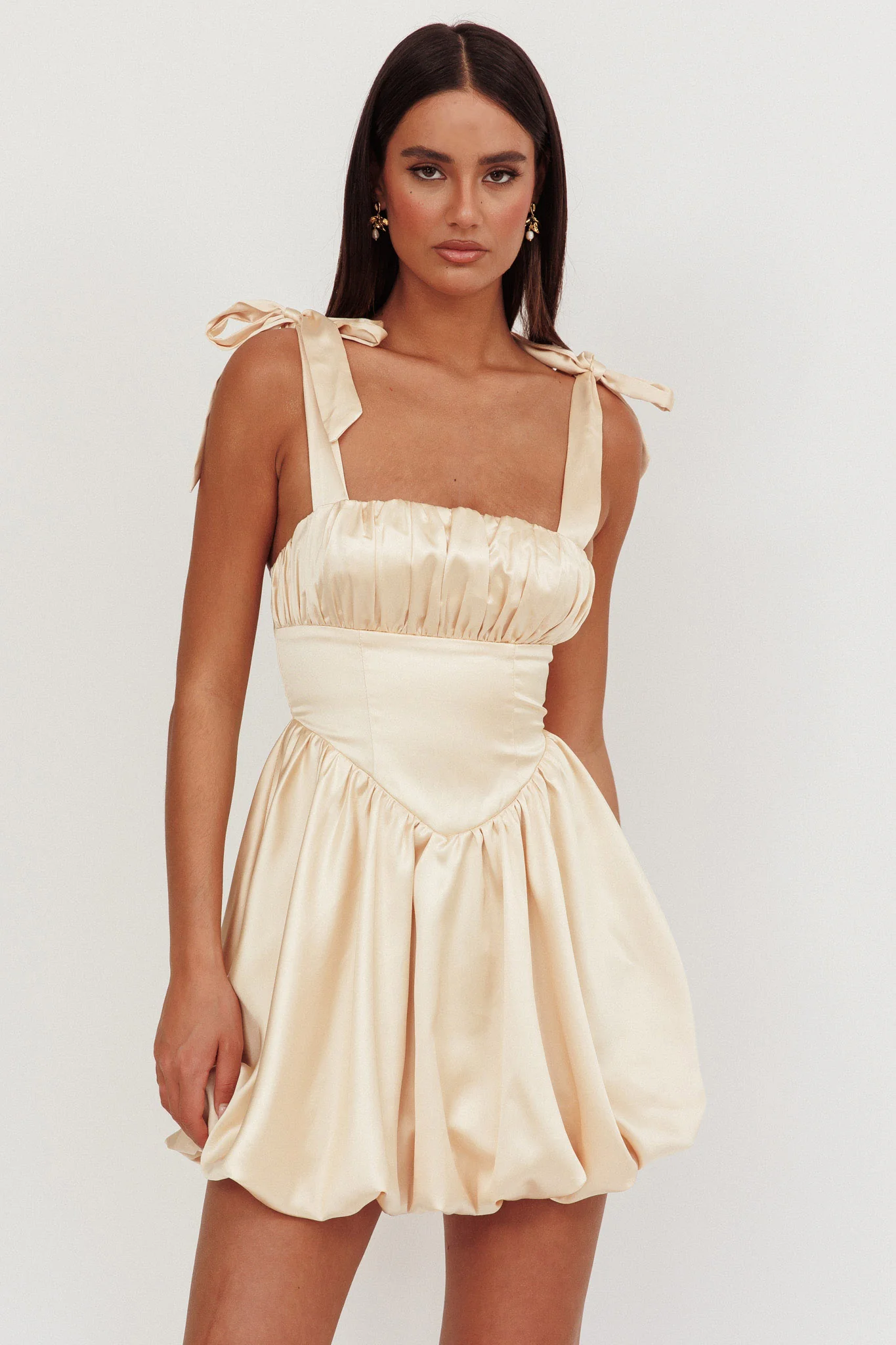 Just Magic Tied Shoulder Bubble Hem Mini Dress Butter - Image 5