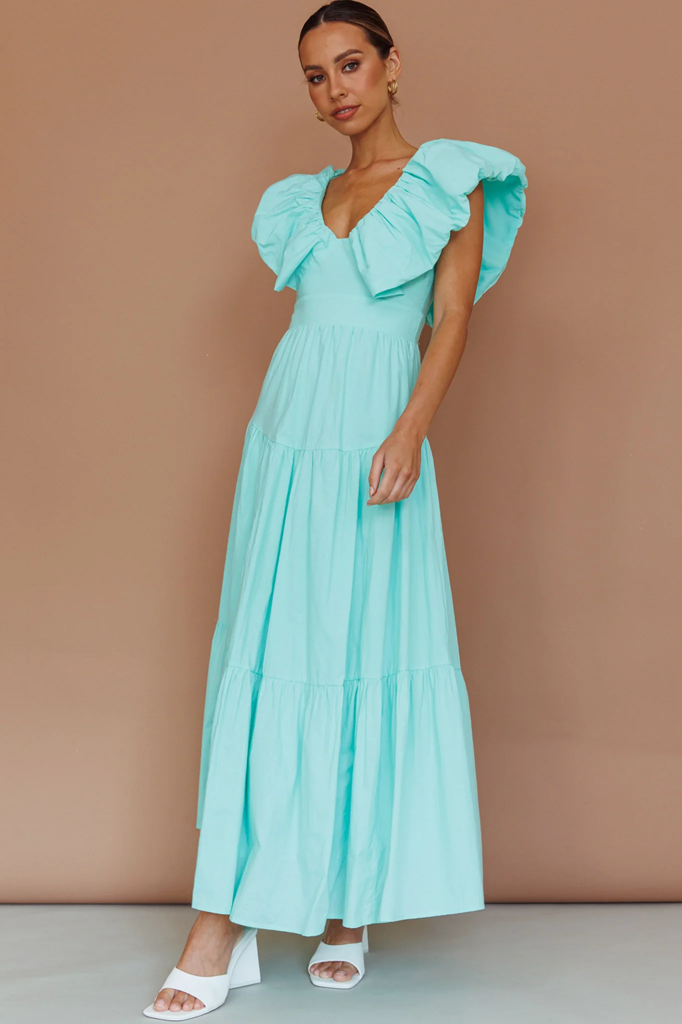 Kahlo Puffed Ruffle Neckline Maxi Dress Mint - Image 2