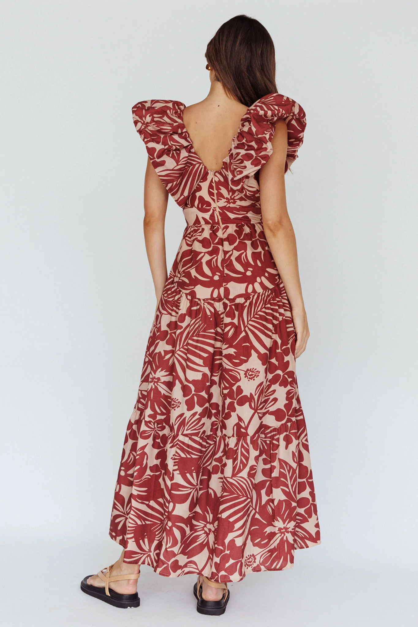 Kahlo Puffed Ruffle Neckline Maxi Dress Print Flame - Image 2