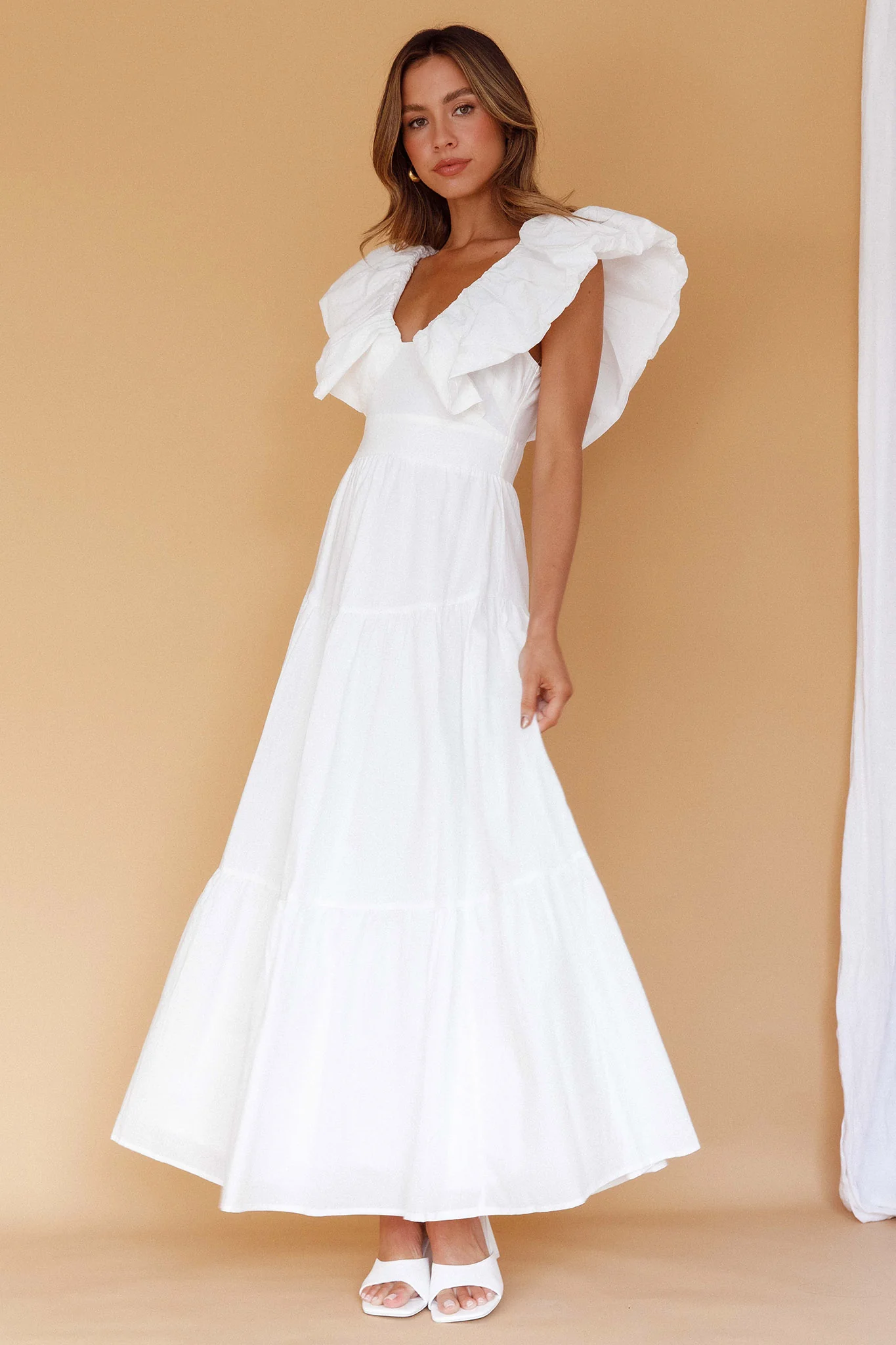 Kahlo Puffed Ruffle Neckline Maxi Dress White - Image 5