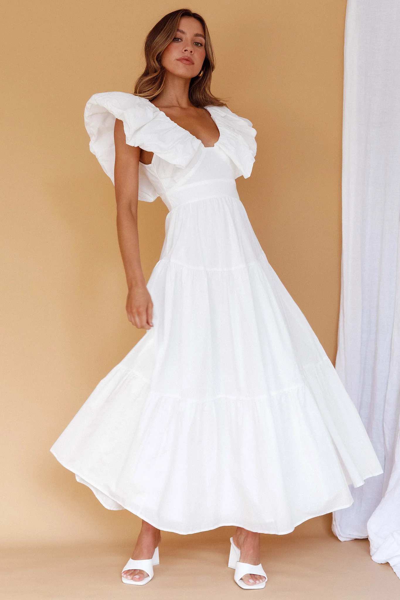 Kahlo Puffed Ruffle Neckline Maxi Dress White - Image 7
