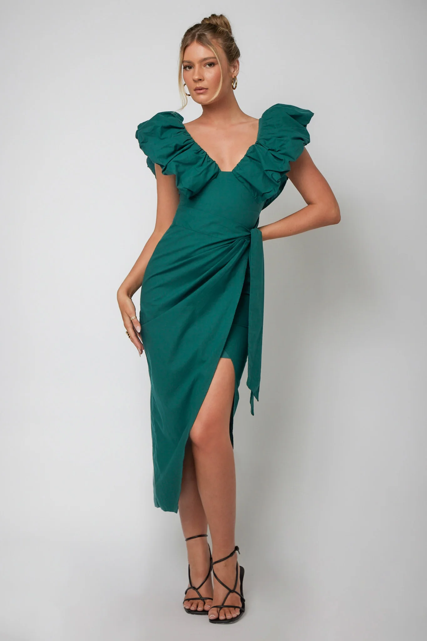 Kahlo Ruffle Neckline Wrap Midi Dress Green - Image 2