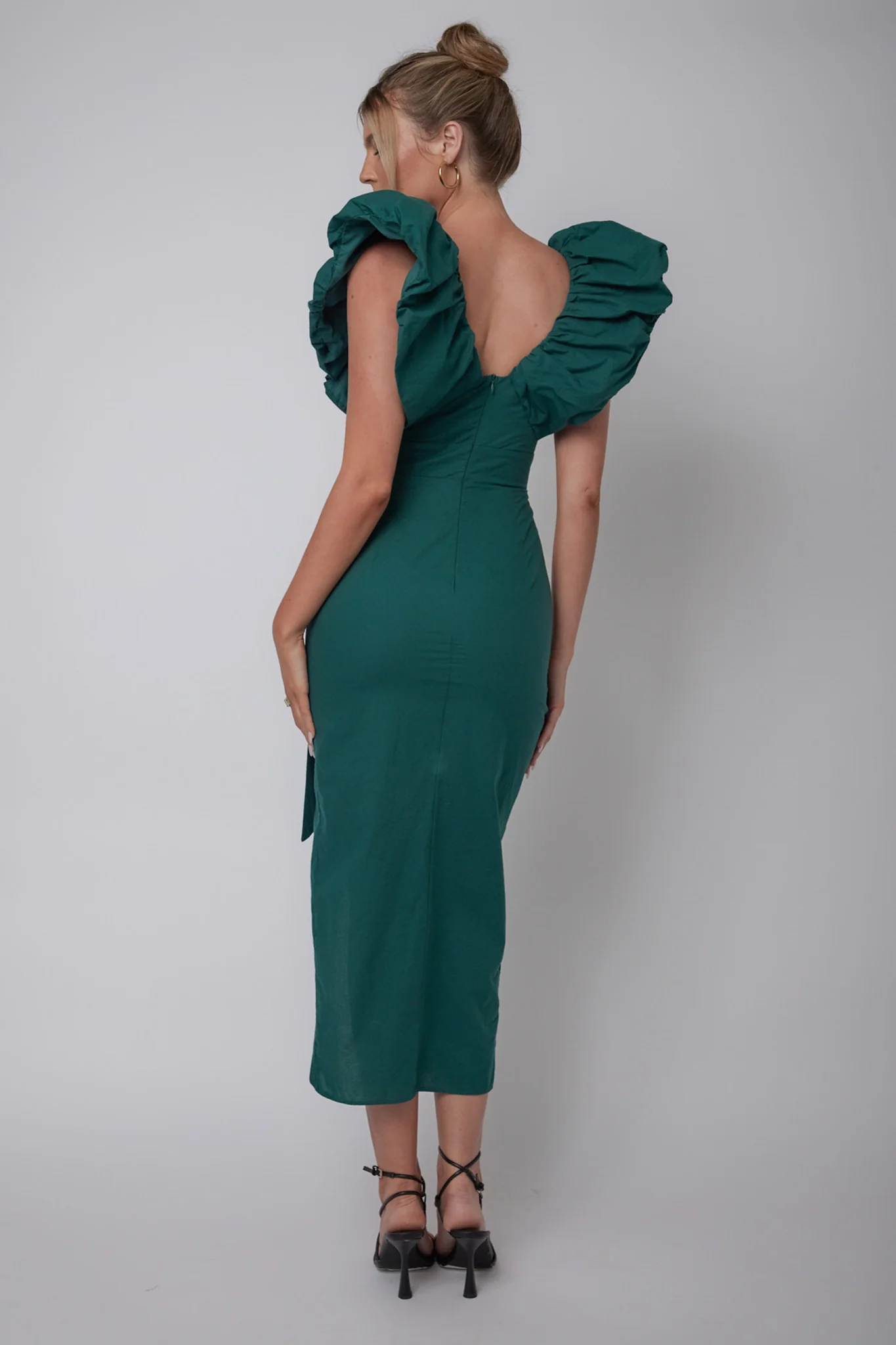 Kahlo Ruffle Neckline Wrap Midi Dress Green - Image 3