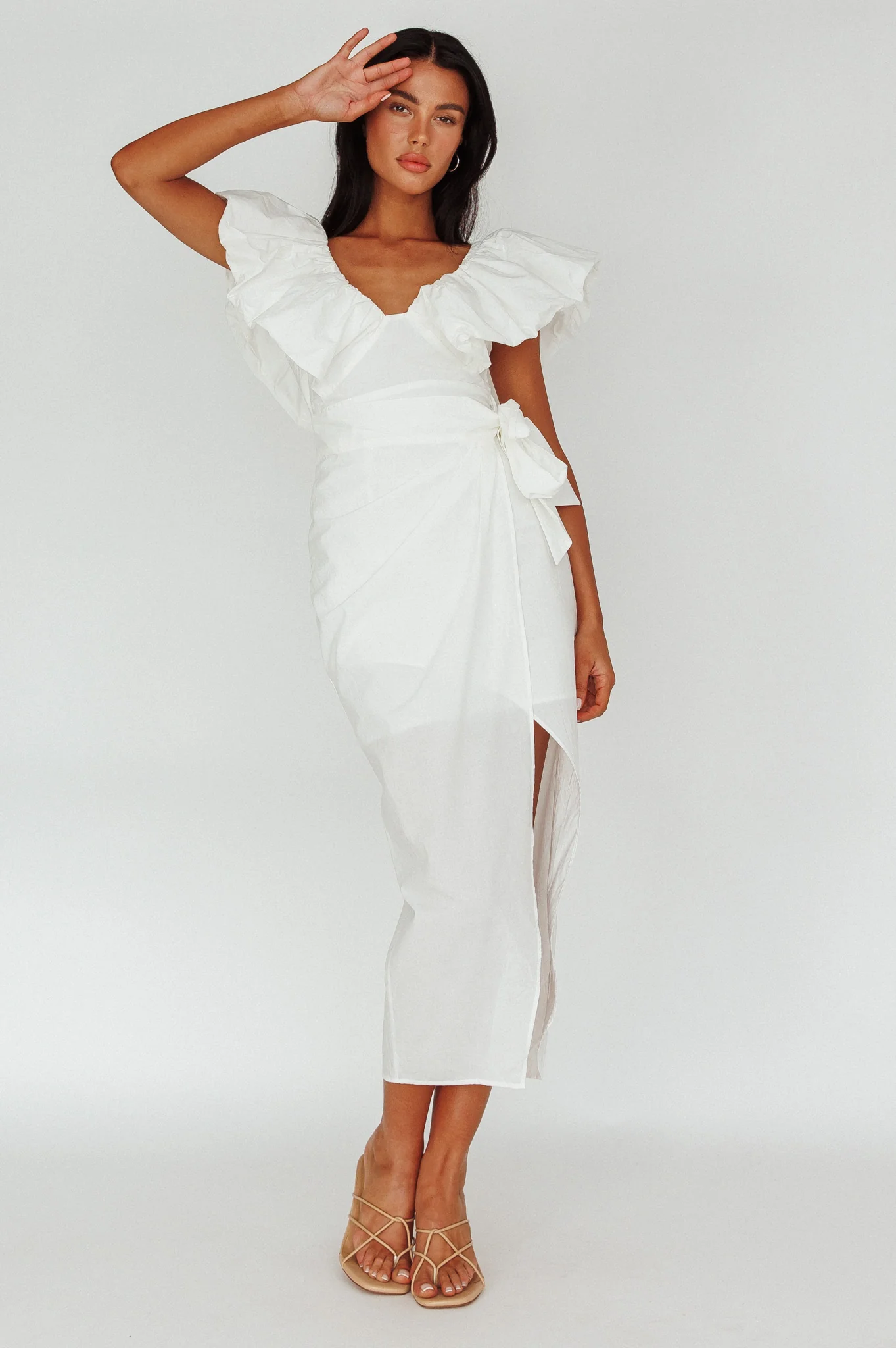 Kahlo Ruffle Neckline Wrap Midi Dress White - Image 5