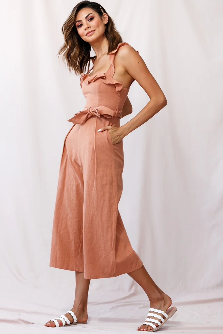 Kaia Ruffle Strap Wide-Leg Capri Jumpsuit Tan - Image 2