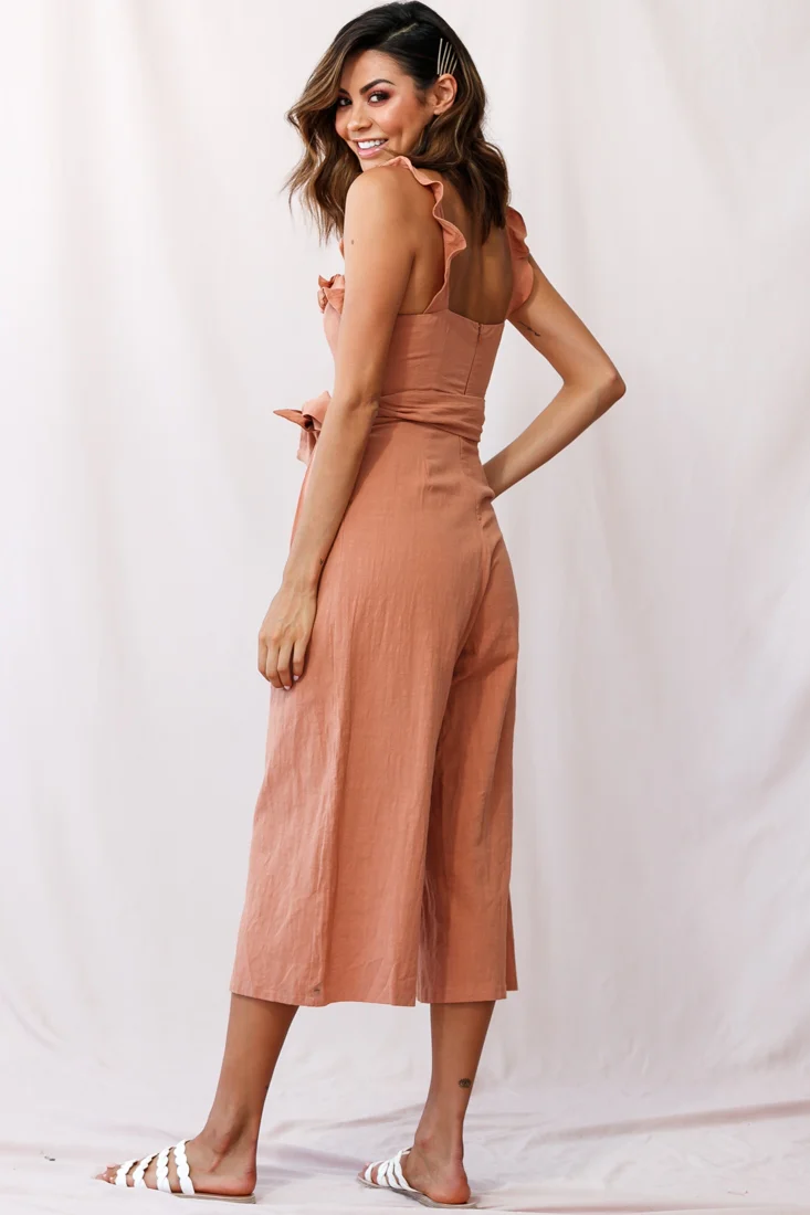 Kaia Ruffle Strap Wide-Leg Capri Jumpsuit Tan - Image 3