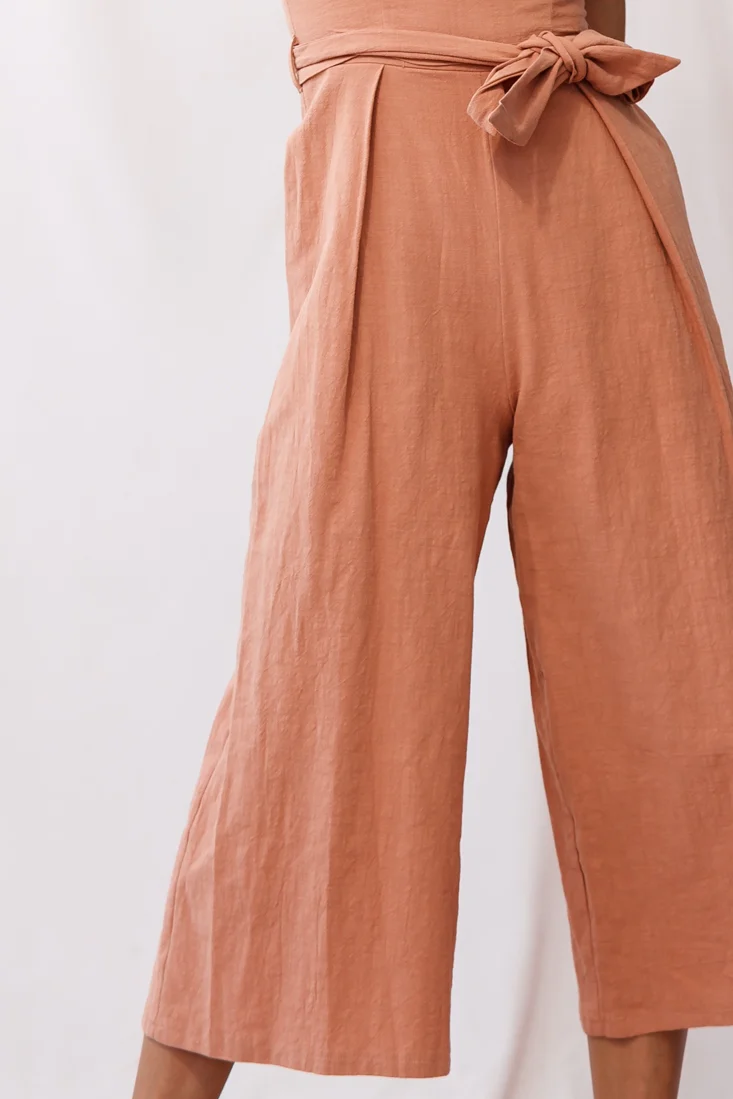 Kaia Ruffle Strap Wide-Leg Capri Jumpsuit Tan - Image 4