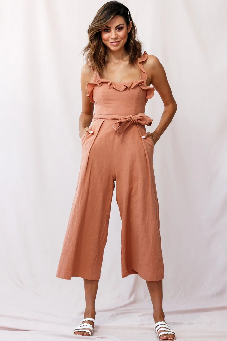 Kaia Ruffle Strap Wide-Leg Capri Jumpsuit Tan - Image 5