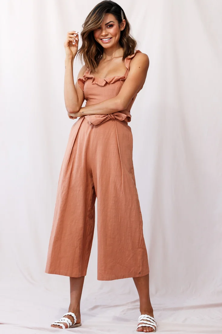 Kaia Ruffle Strap Wide-Leg Capri Jumpsuit Tan - Image 6