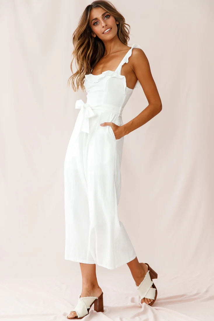 Kaia Ruffle Strap Wide-Leg Capri Jumpsuit White - Image 3