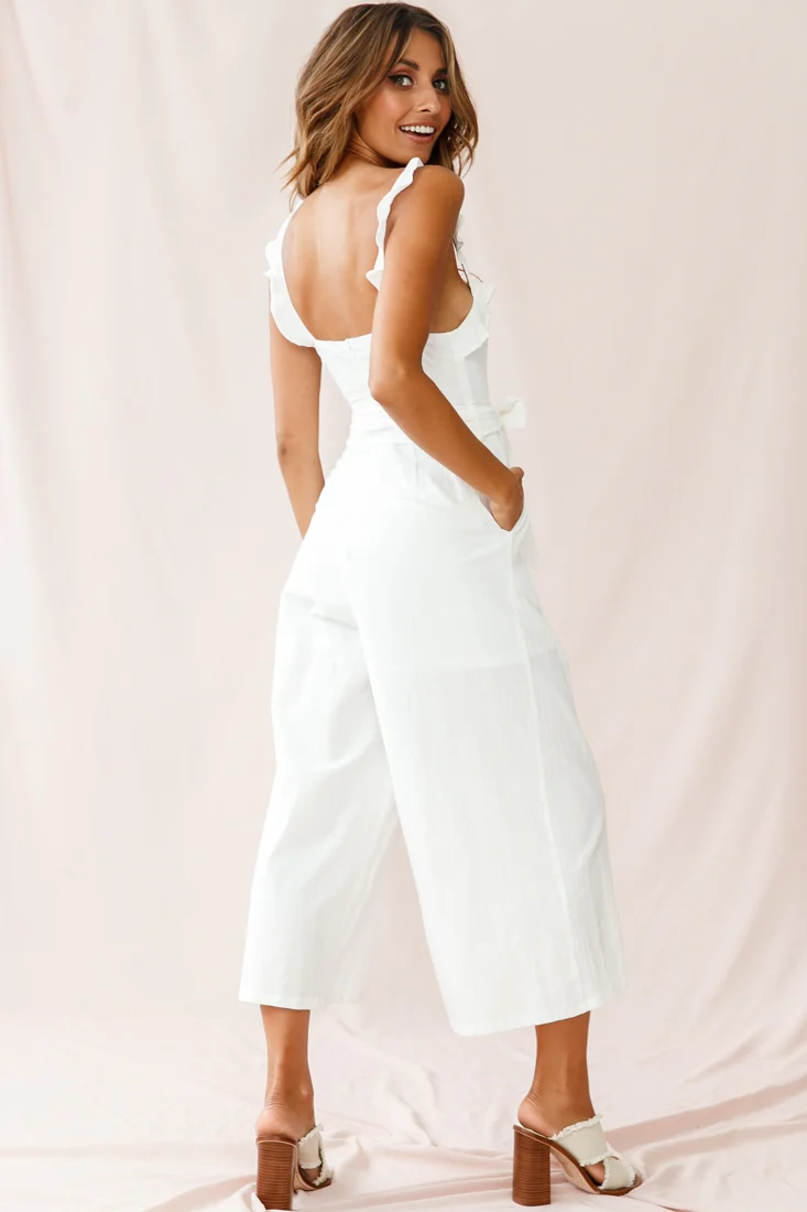 Kaia Ruffle Strap Wide-Leg Capri Jumpsuit White - Image 4