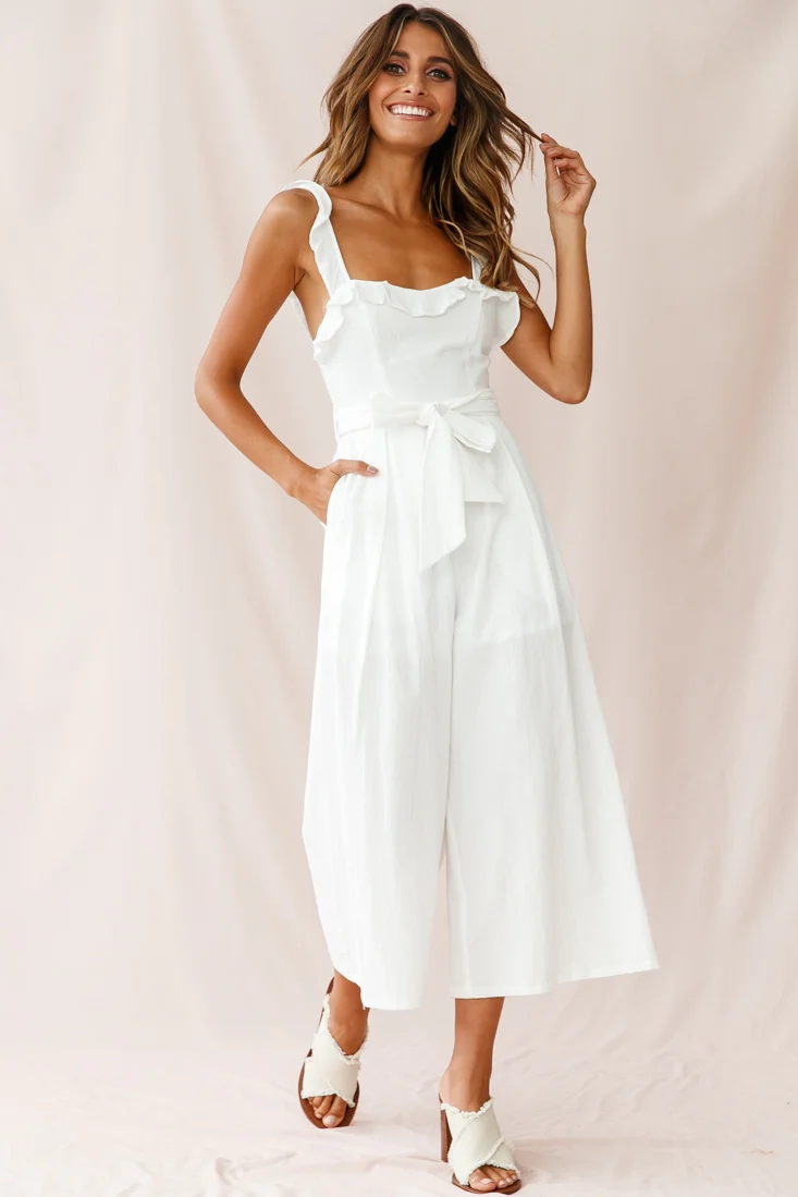 Kaia Ruffle Strap Wide-Leg Capri Jumpsuit White - Image 6