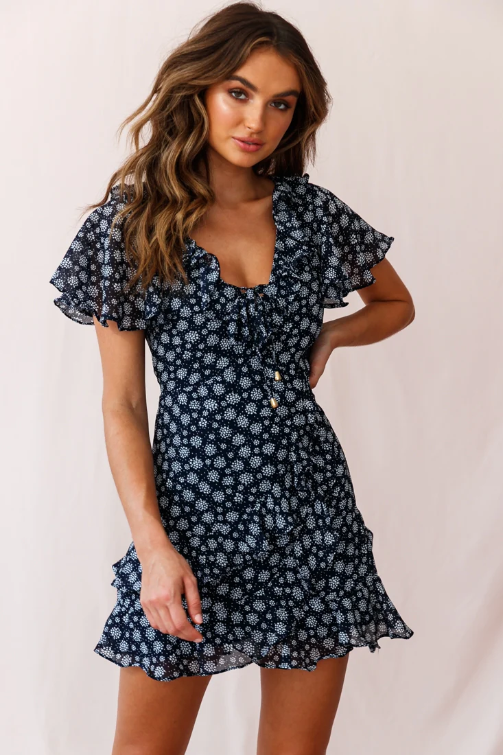 Kalina Ruffle Neckline Flutter Sleeve Mini Dress Dot Print Navy/White - Image 6