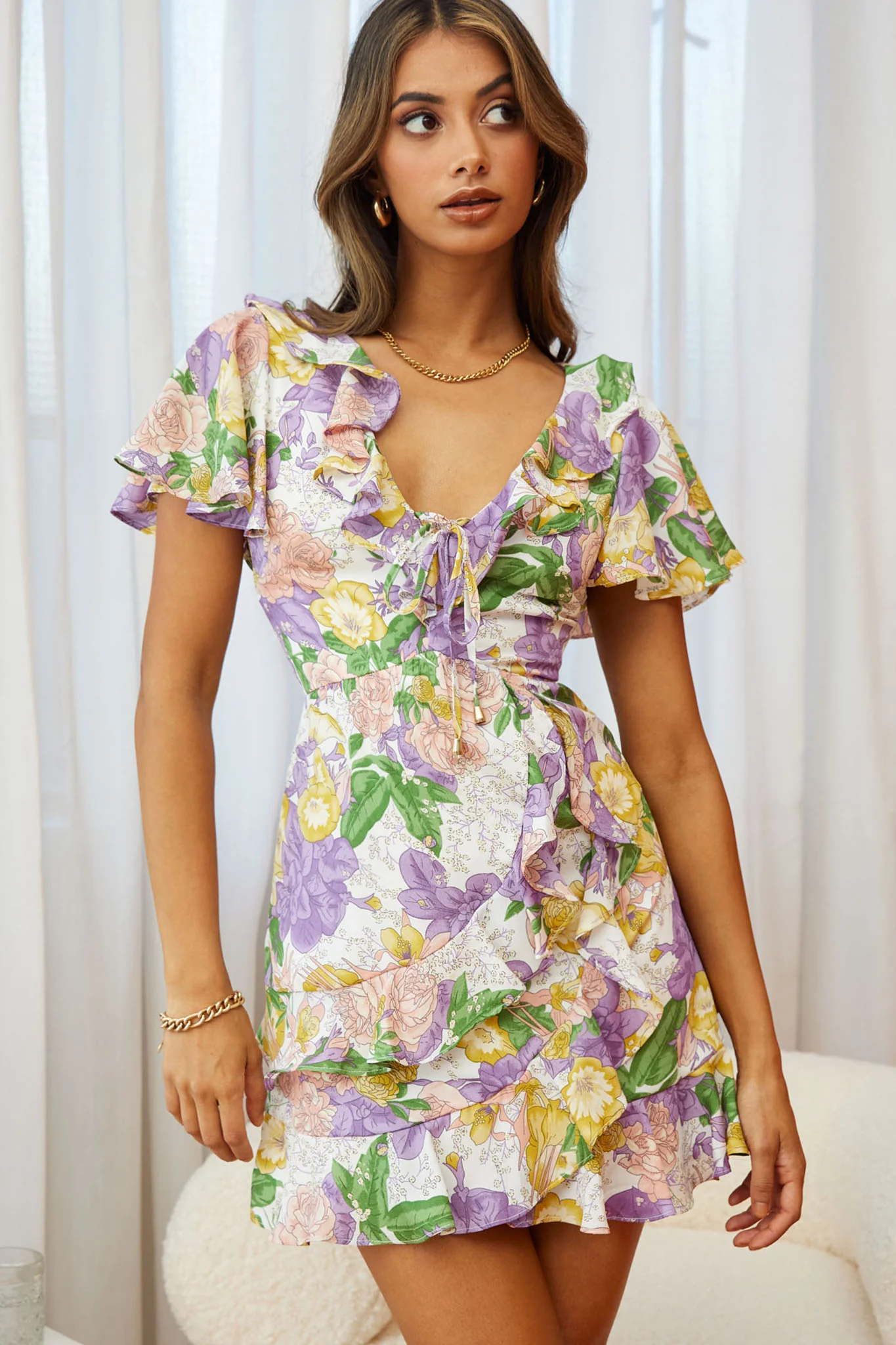 Kalina Ruffle Neckline Flutter Sleeve Mini Dress Floral Print Purple - Image 4