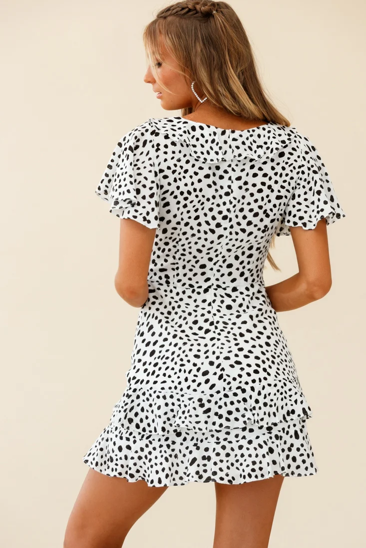 Kalina Ruffle Neckline Flutter Sleeve Mini Dress Spot Print White/Black - Image 7