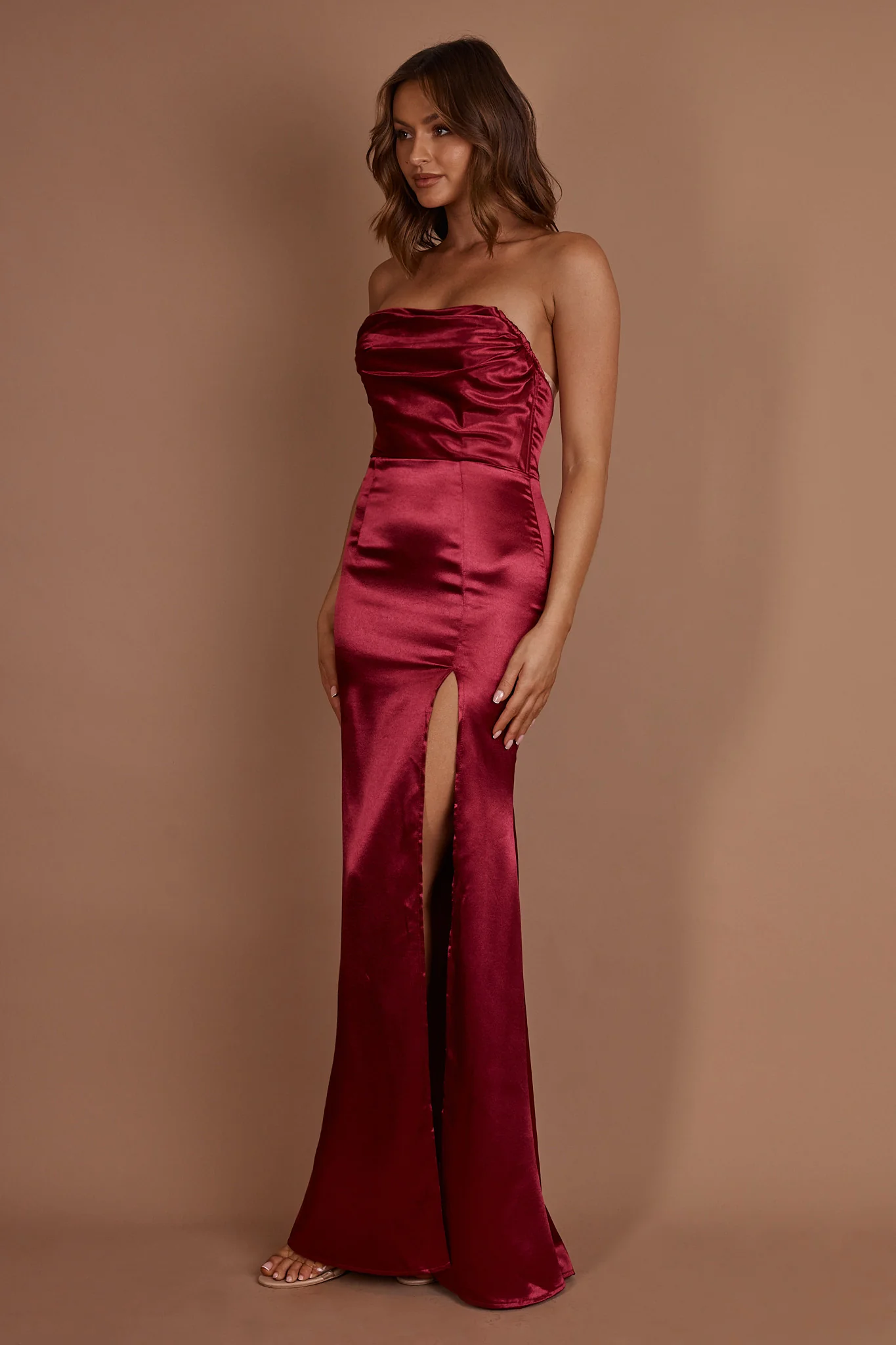 Kalisa Strapless Thigh Split Maxi Dress Burgundy - Image 8