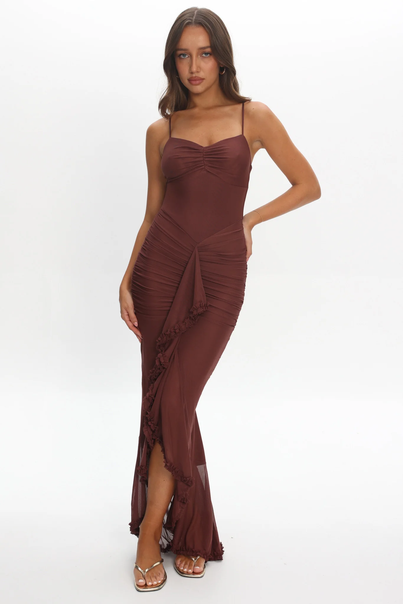 Kamilah Gathered Cascading Ruffle Midi Dress Maroon - Image 2