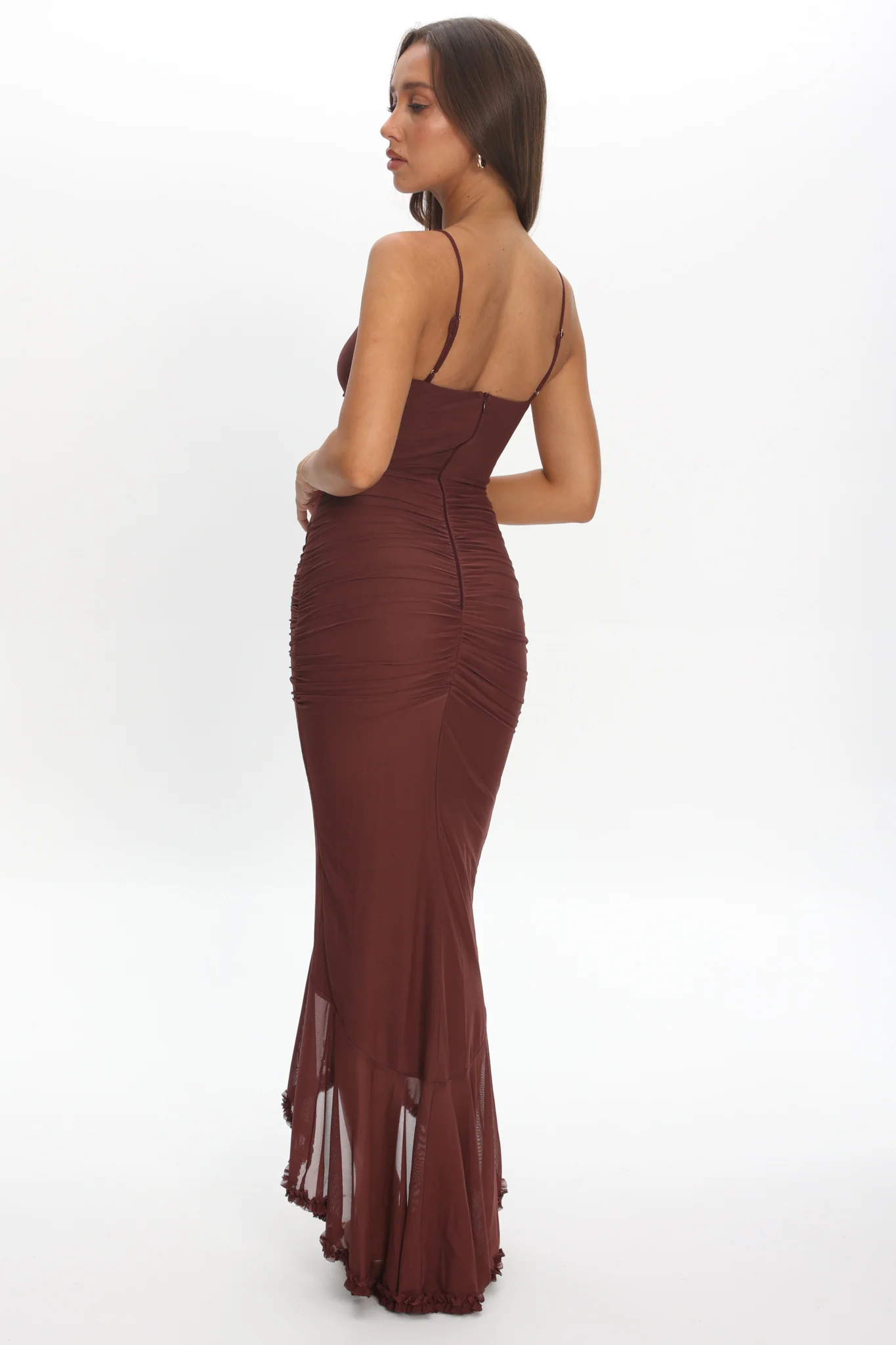 Kamilah Gathered Cascading Ruffle Midi Dress Maroon - Image 3