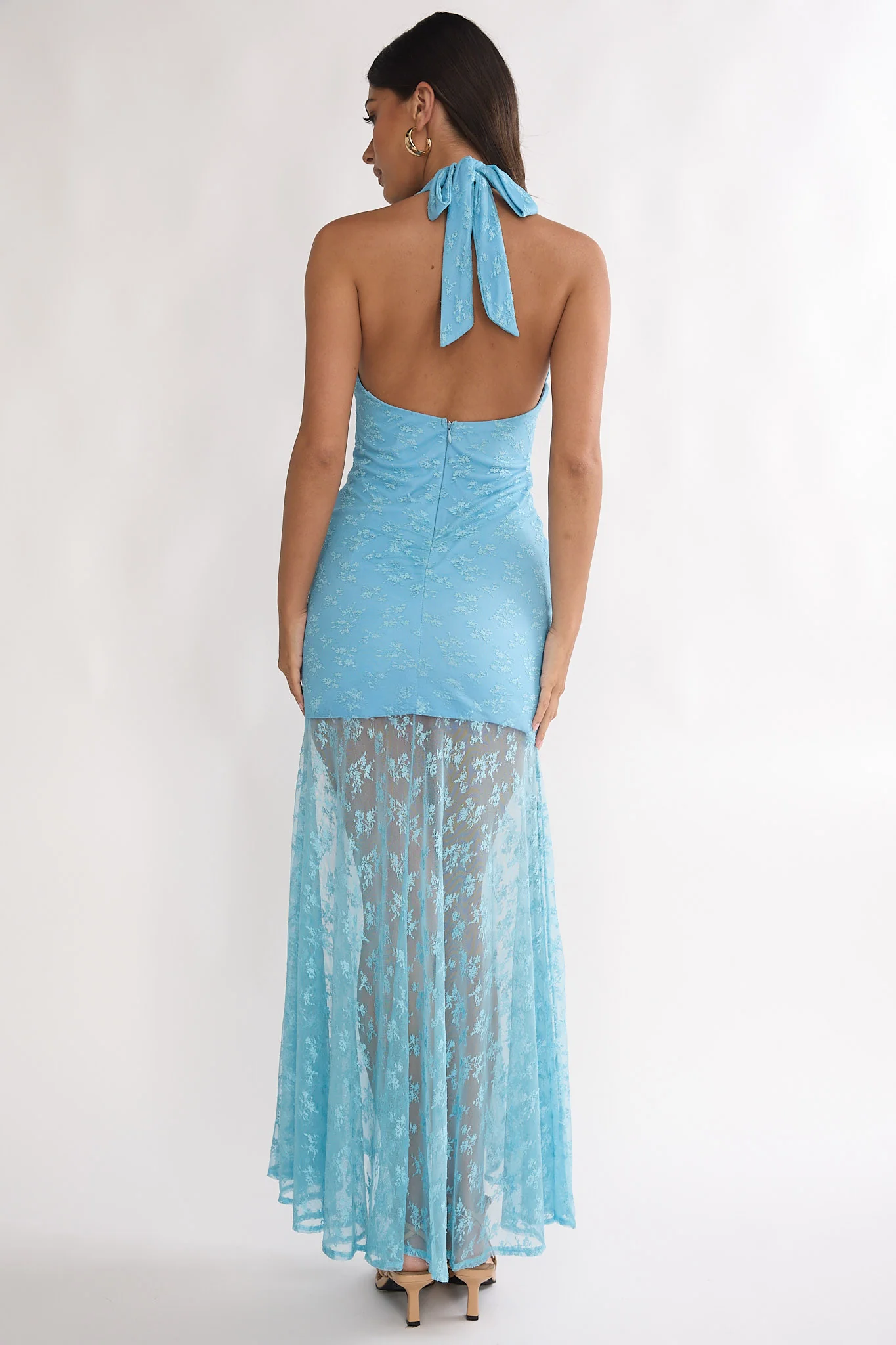 Kamilah Ruched Ruffle Maxi Dress Lace Teal - Image 2