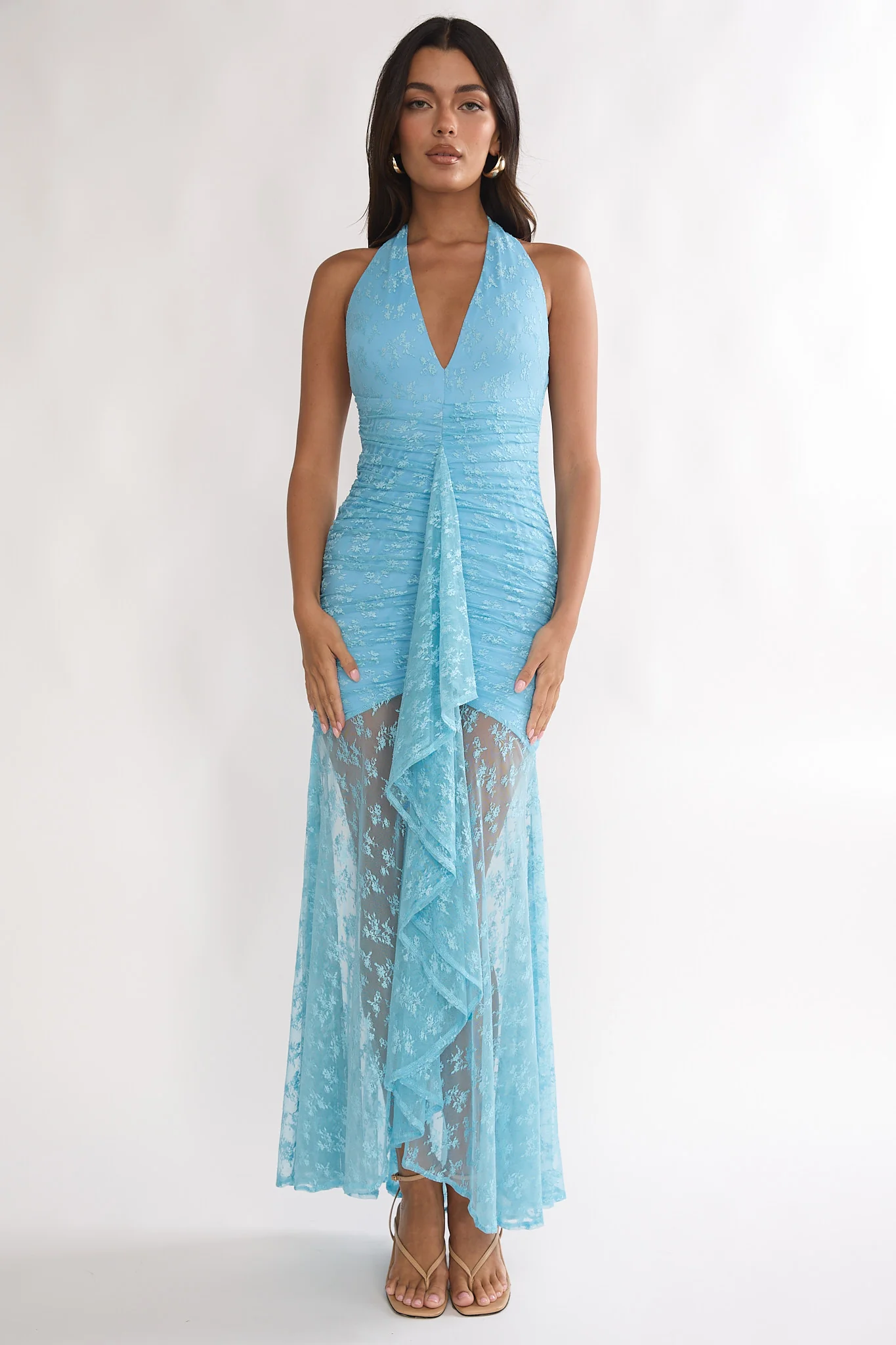 Kamilah Ruched Ruffle Maxi Dress Lace Teal - Image 4